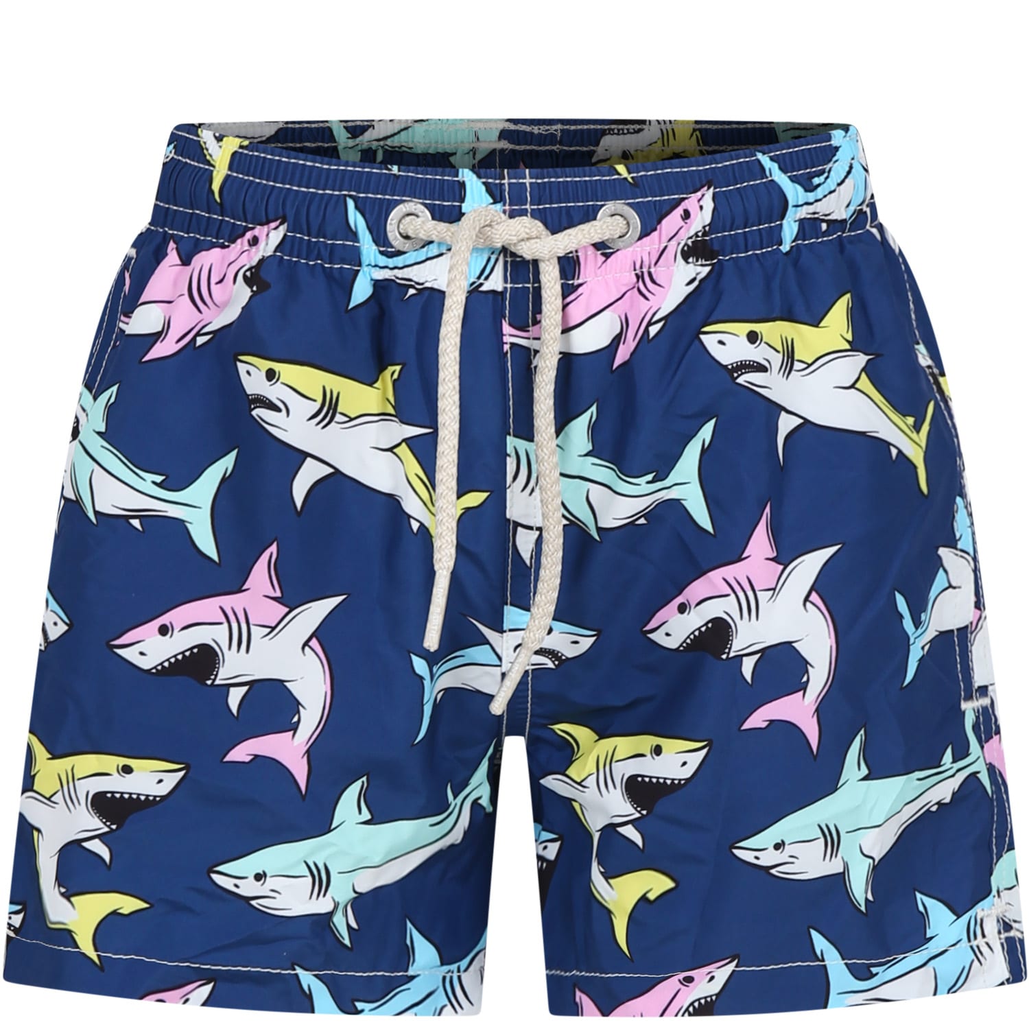Shop Mc2 Saint Barth Blue Swim Shorts For Boy With Shark Print