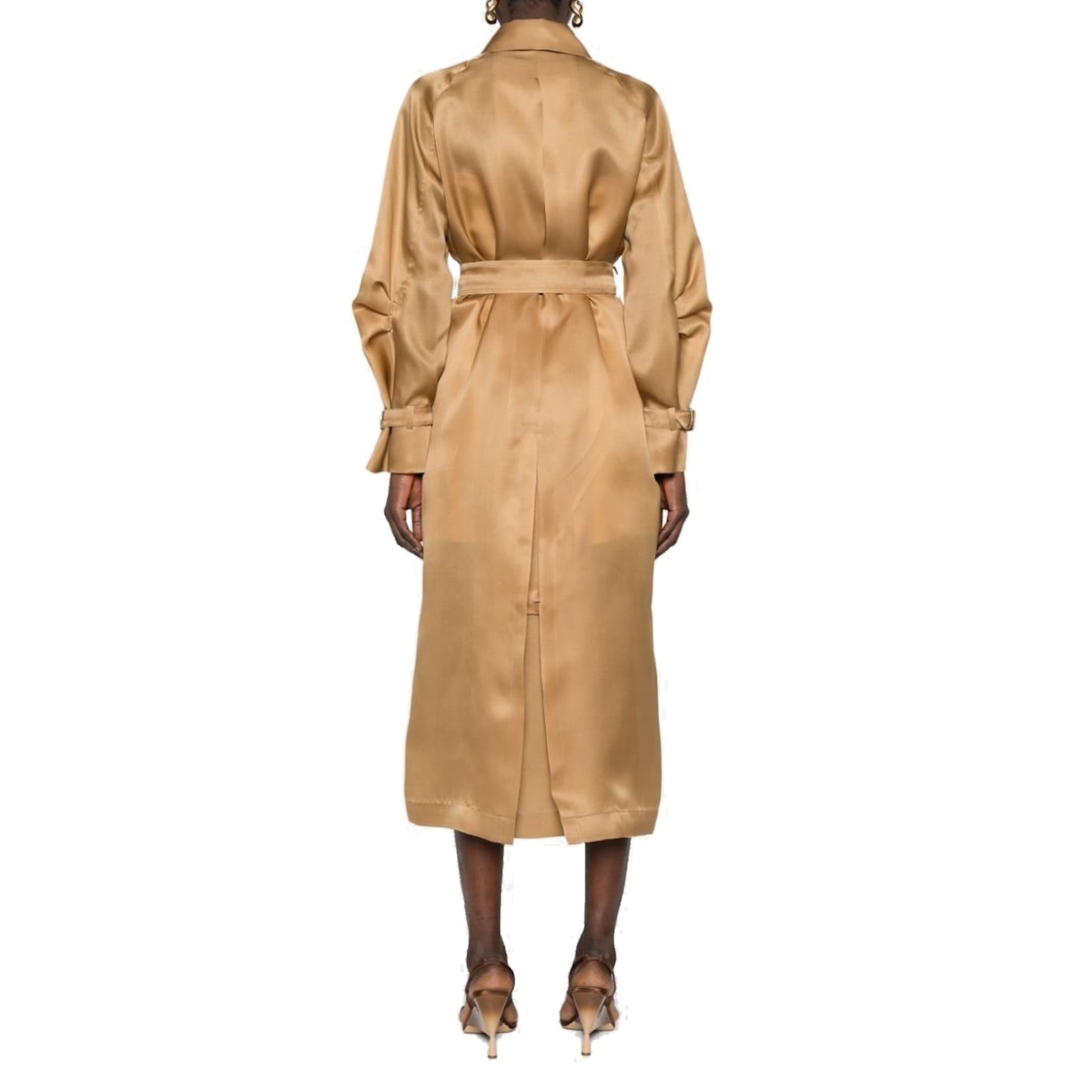 Max Mara Long Coat With Belted Waist And Notched Lapels In Brown