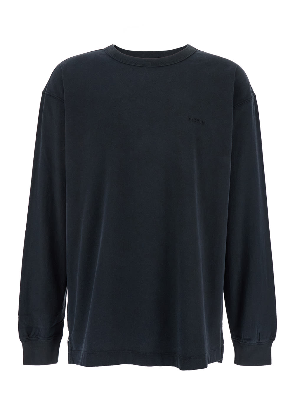Black Crewneck T-shirt With Long Sleeves And Tonal Logo Lettering Embroidery On The Front In Cotton Man