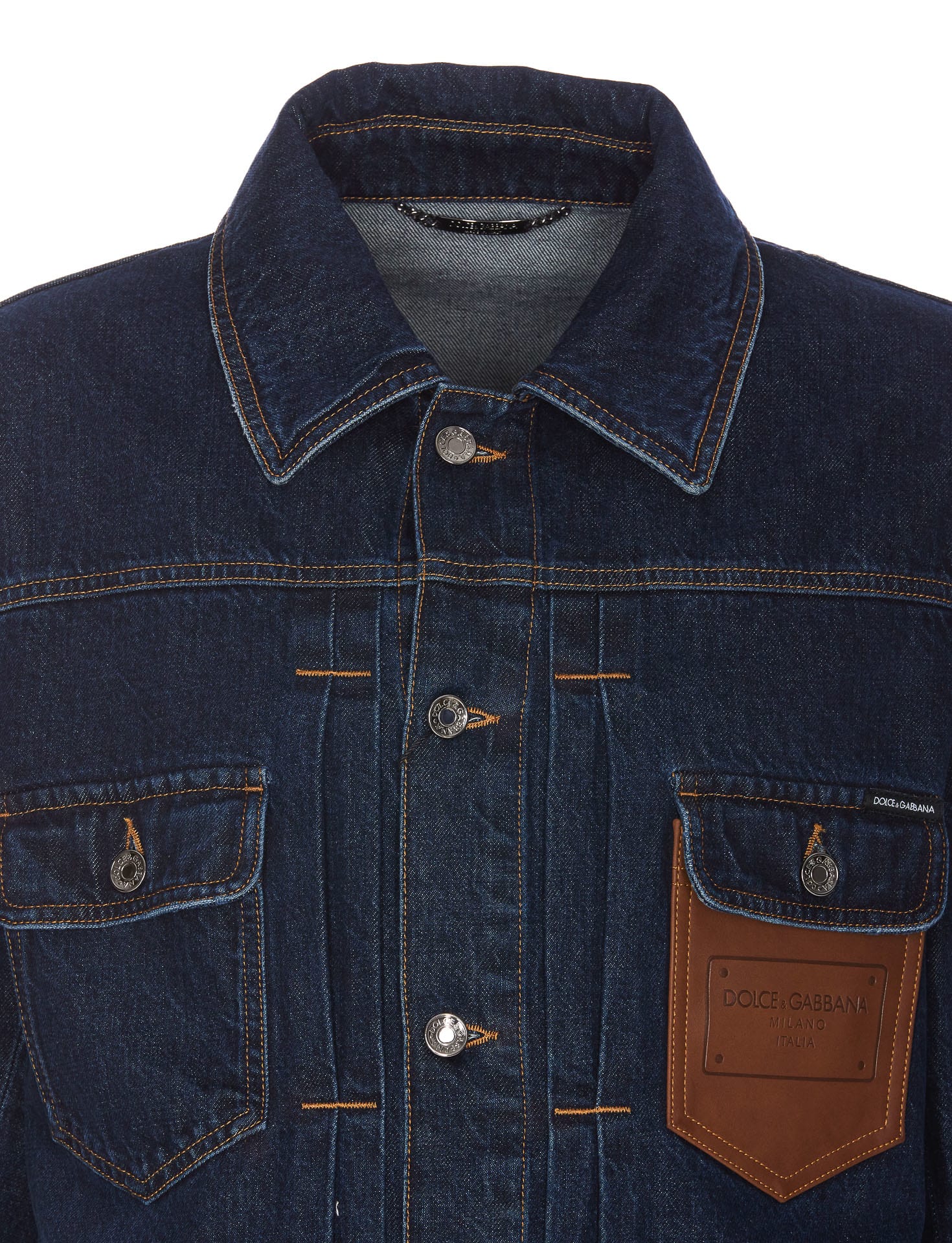 Shop Dolce & Gabbana Denim Jacket With Leather Embossed Logo Plaque In Blue