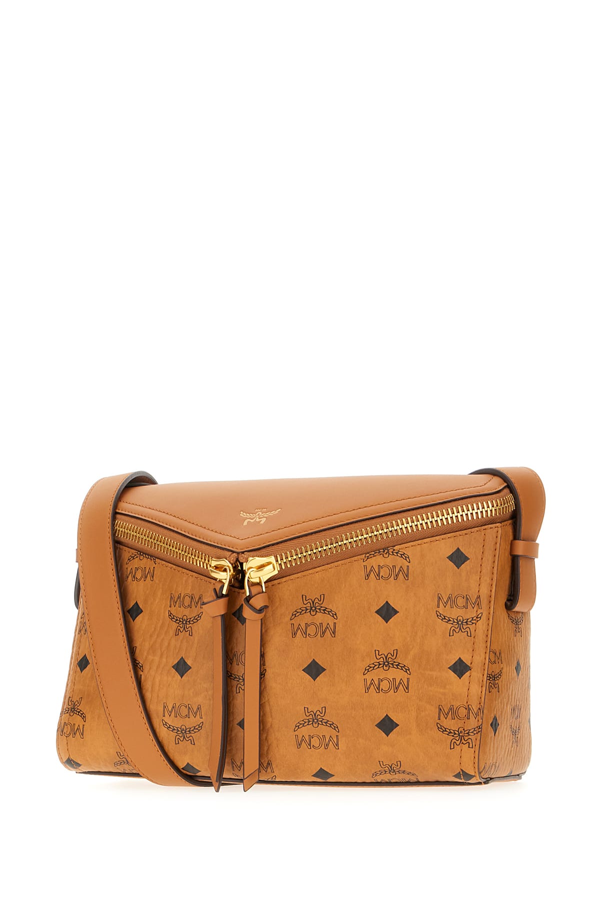 Shop Mcm Printed Canvas Crossbody Bag In Cognac