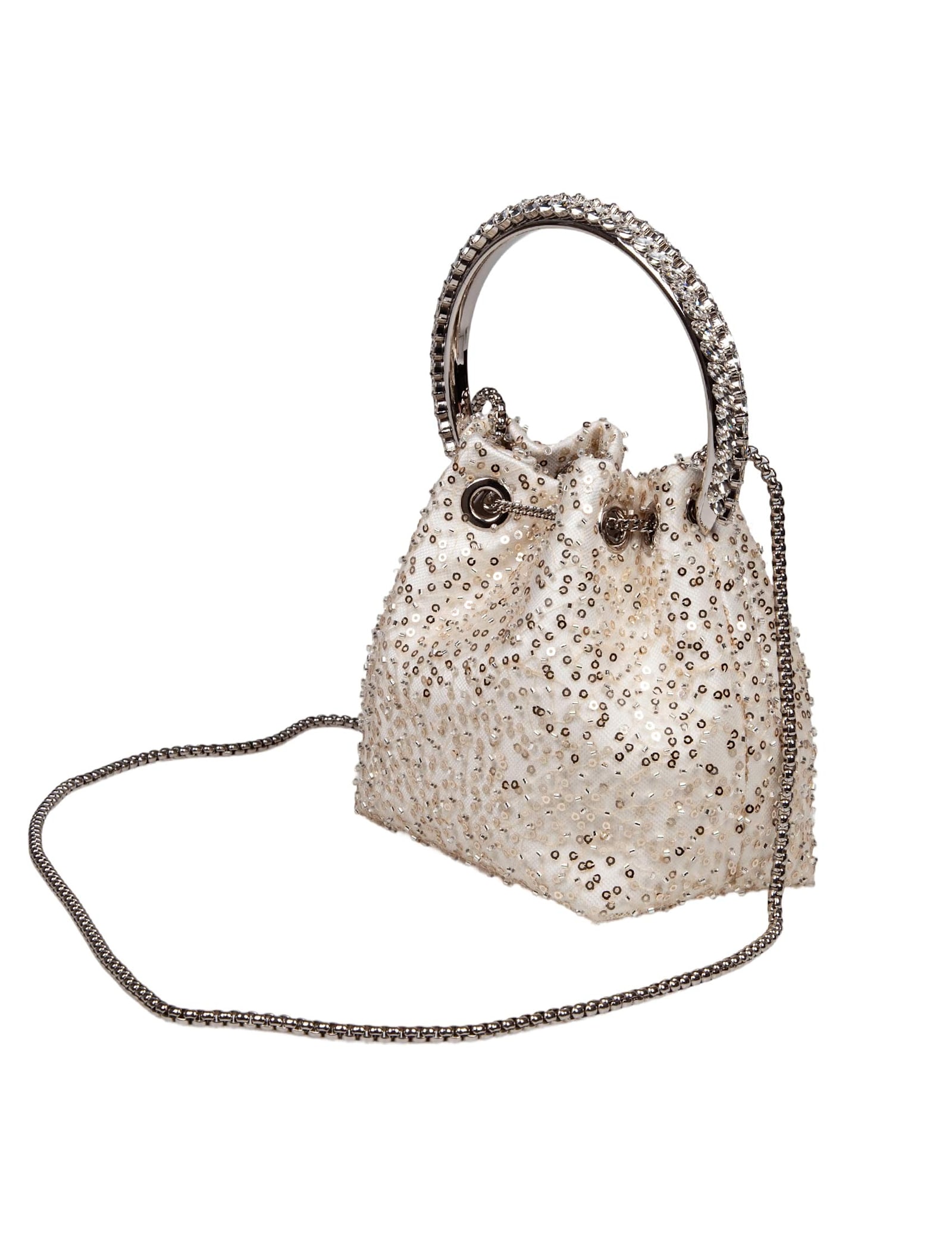 Jimmy Choo Bon Bon Satin Bag With Micro Net And Applied Stones In Ivory/crystal