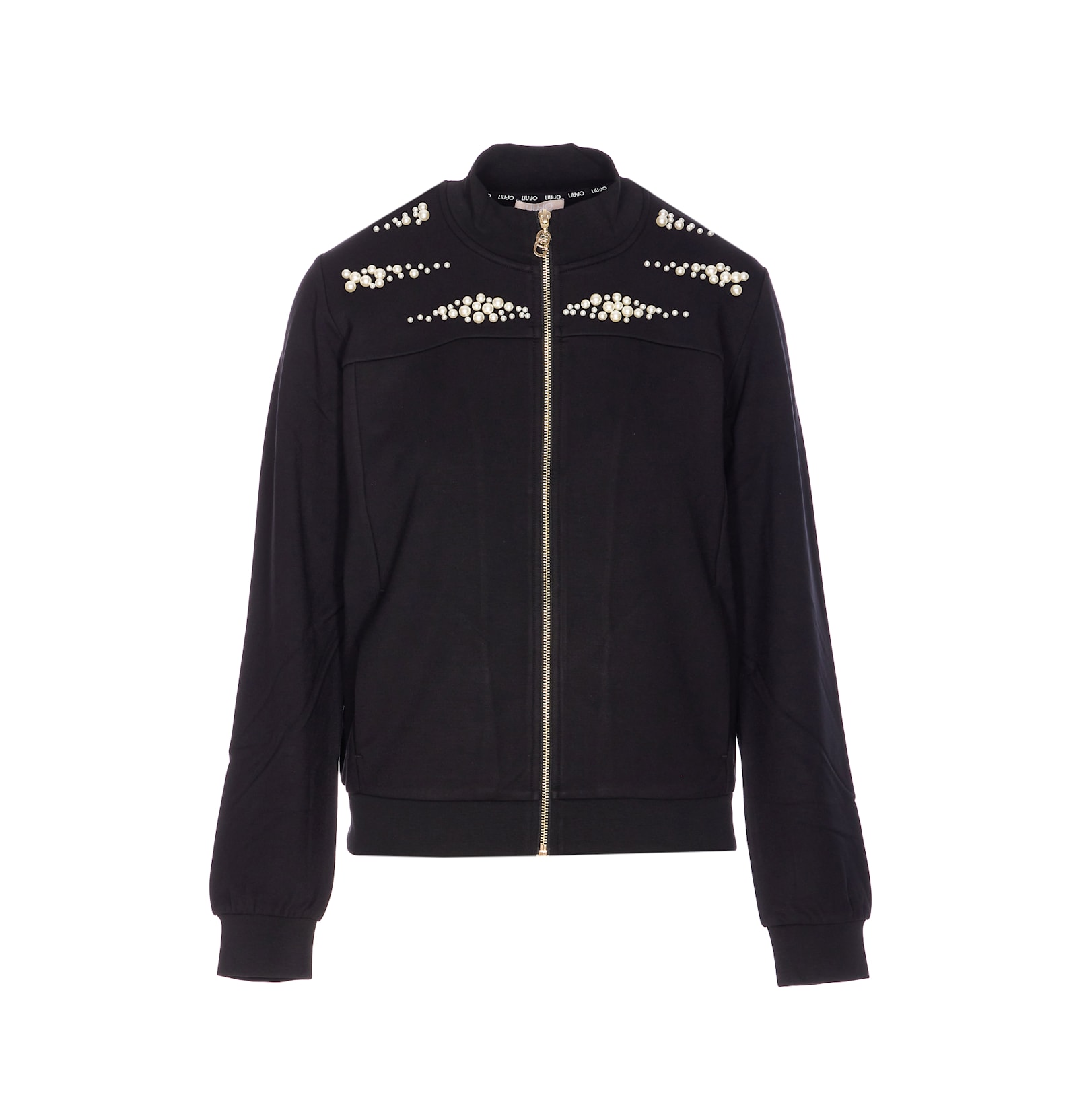 Liu •jo High Collar Black Sweatshirt With Pearl Embellishments In Black
