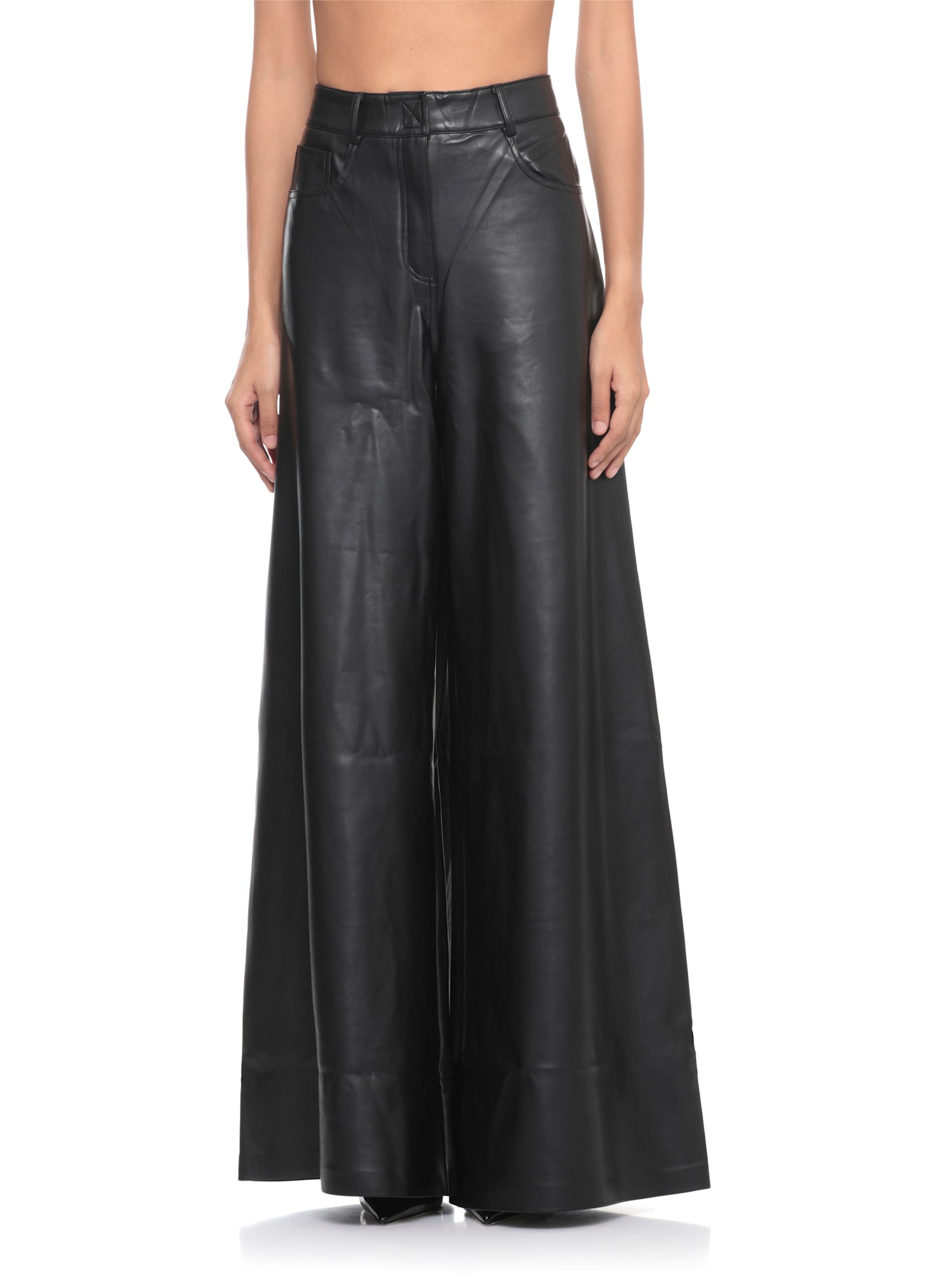 Norma Kamali High Waist Wide Leg Synthetic Leather Trousers In Black