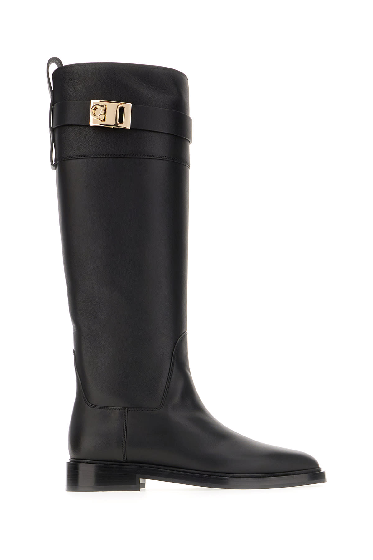 Ferragamo Tall Square-toe Boots Gold Hardware In Nero