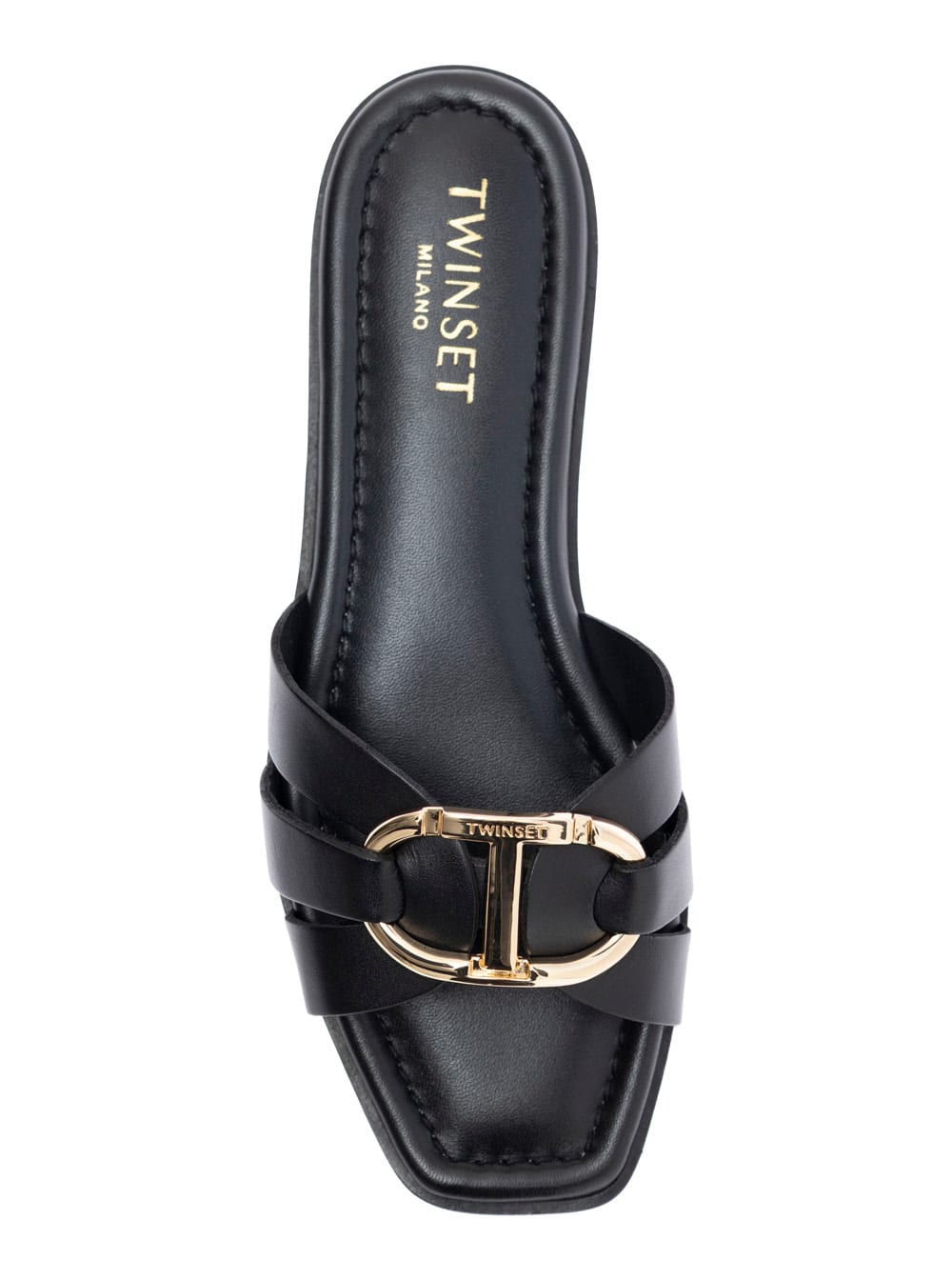 Twinset Black Sandals With Crisscross Strap And Metallic Oval T On The Front In Leather Woman In Animal Print