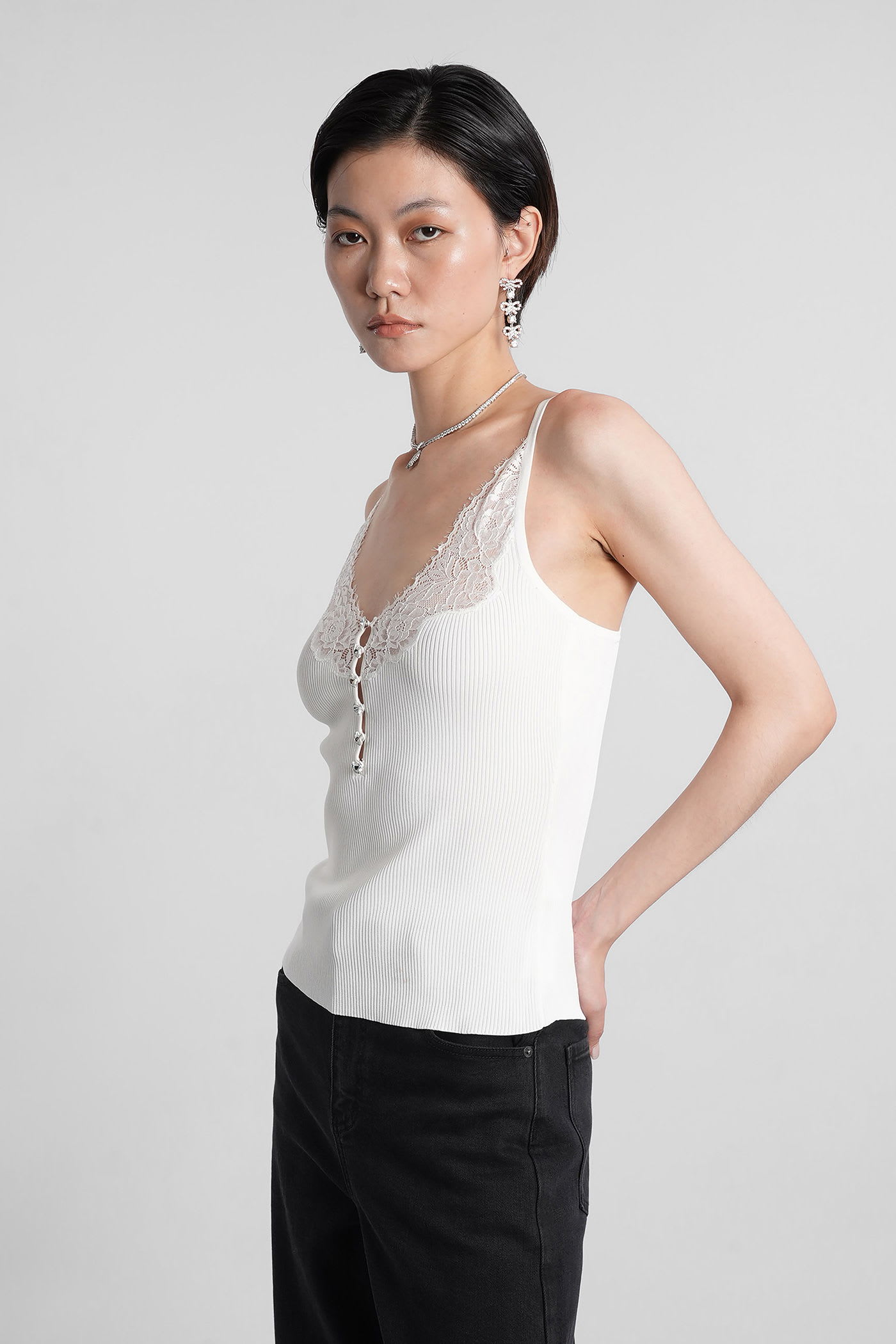 Self-portrait Lace-trimmed Ribbed Top In White
