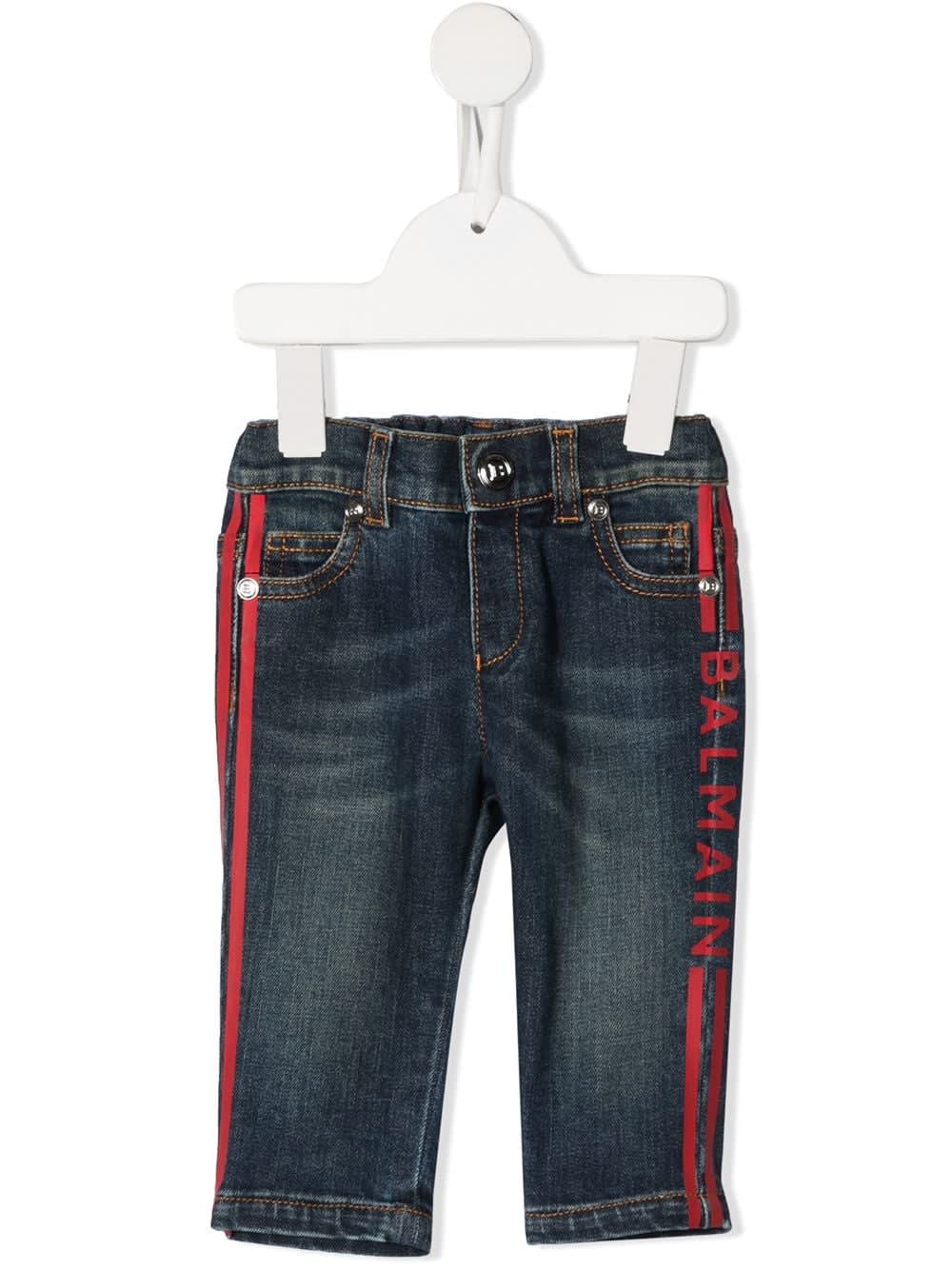 Balmain Newborn Blue Jeans With Red Logo And Stripes