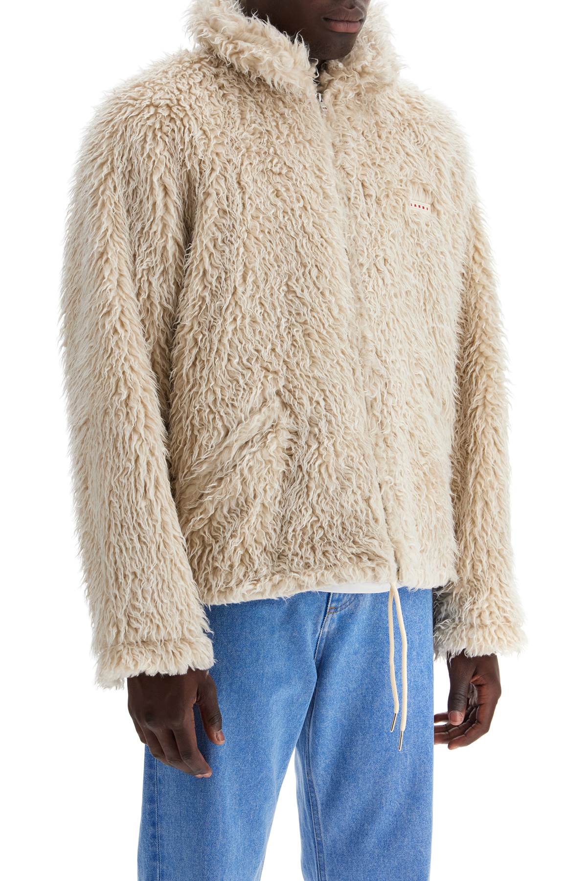 Shop Marni Faux Fur Jacket With Removable Hood. In Glass