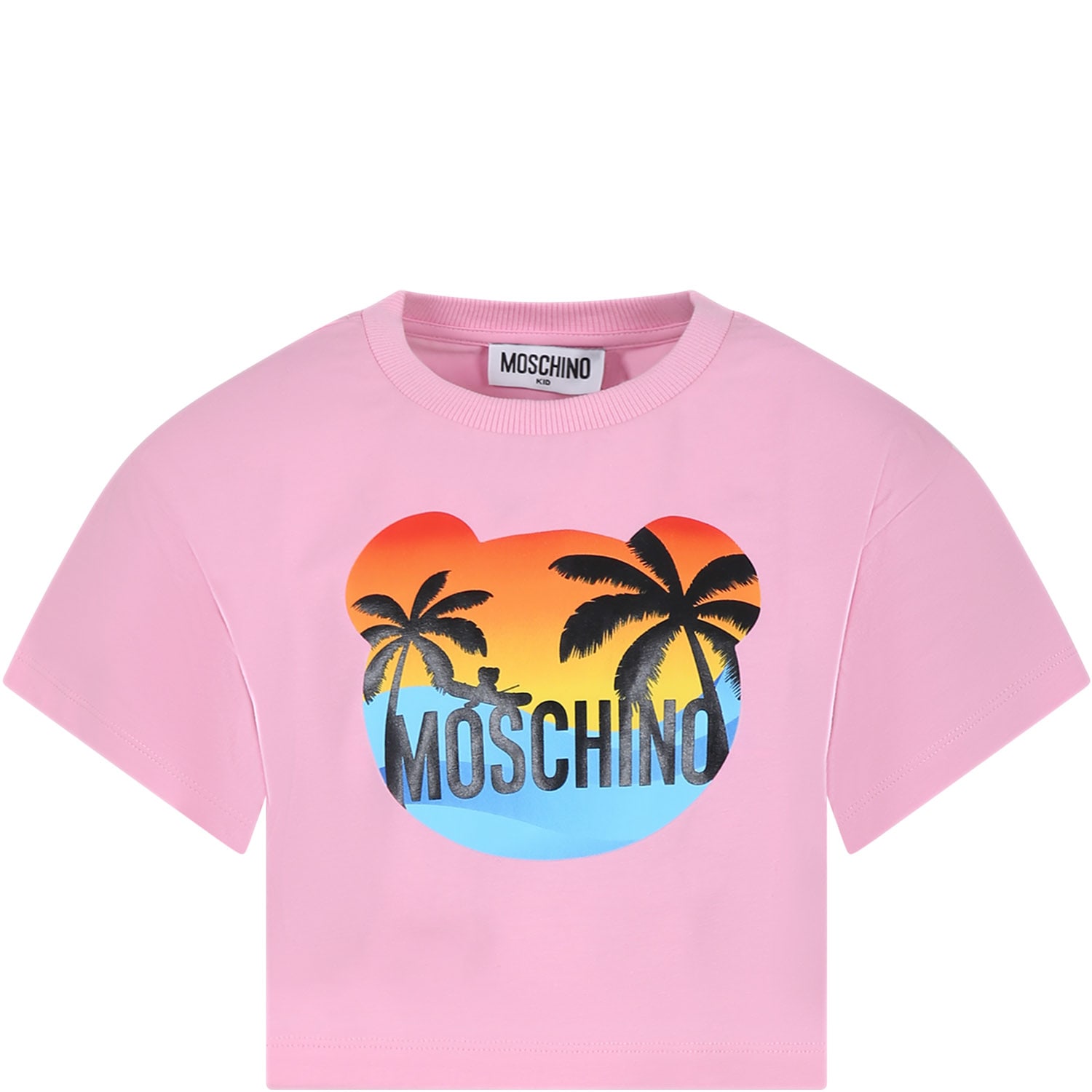 Moschino Kids' Pink T-shirt For Girl With Multicolor Print And Logo