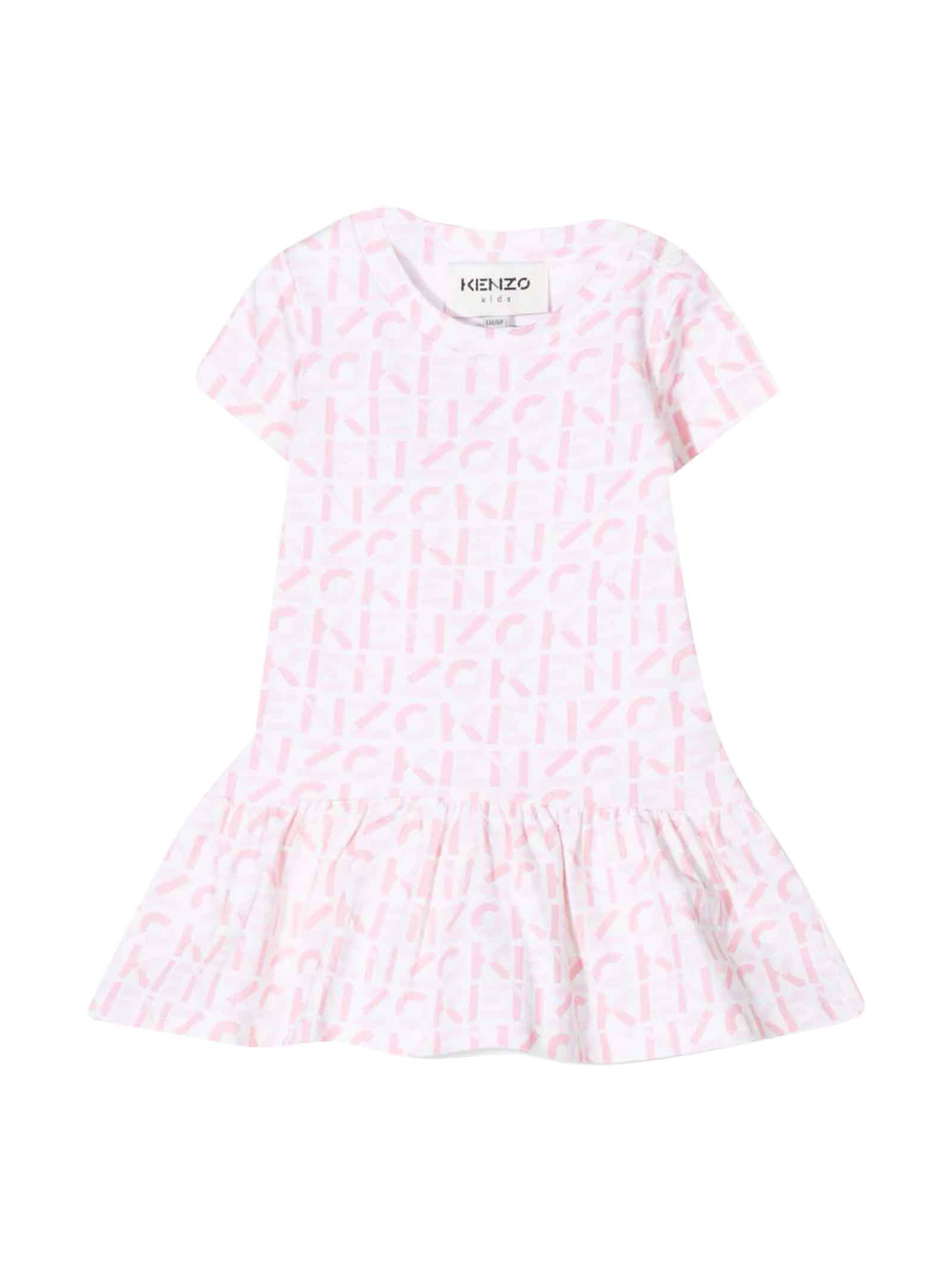 Kenzo Kids White / Pink Baby Girl Dress T-shirt Model With All Over Print By