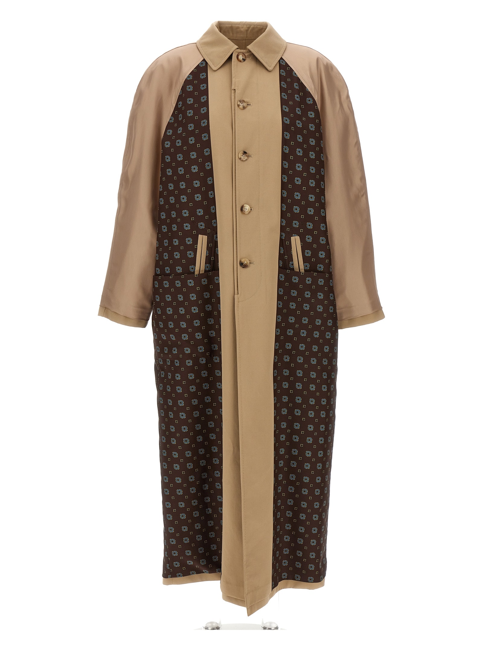 Shop Moschino Long Trench Coat With Patterned Inserts In Beige