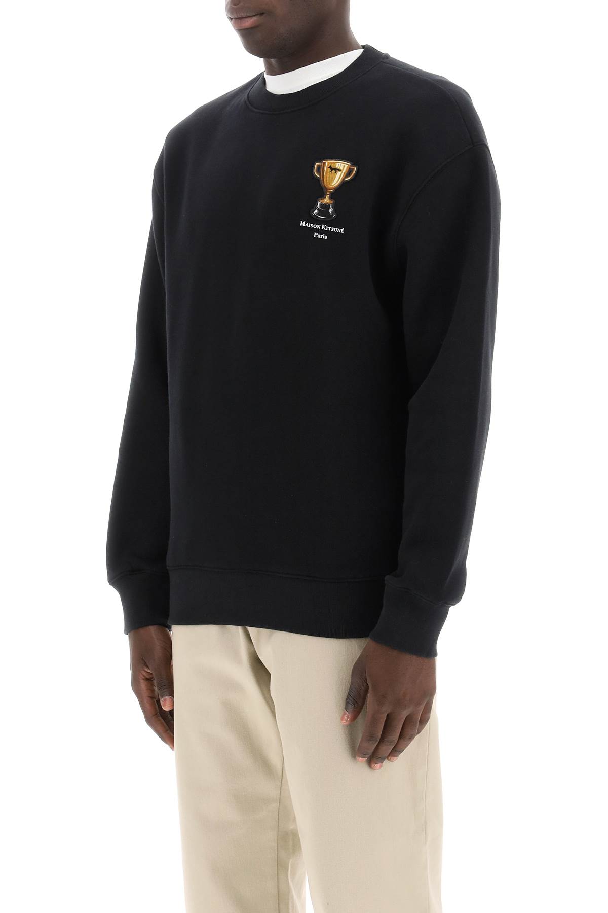Shop Maison Kitsuné Crew-neck Sweatshirt With Trophy Embroidery In Black (black)