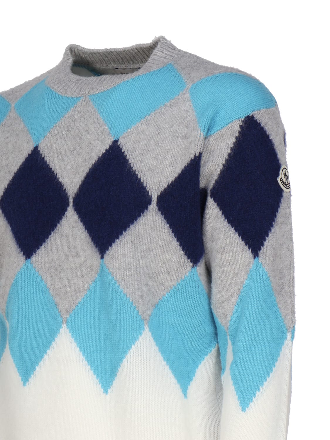 Shop Moncler Argyle Sweater In Wool And Cashmere In White, Grey, Light Blue