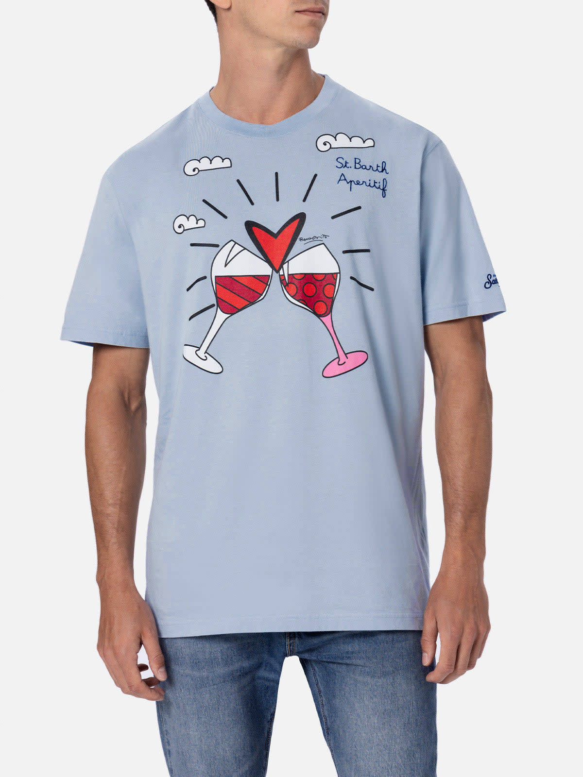 Shop Mc2 Saint Barth Man Cotton T-shirt With Britto Glasses Print And Embroidery ©britto Special Edition In Sky