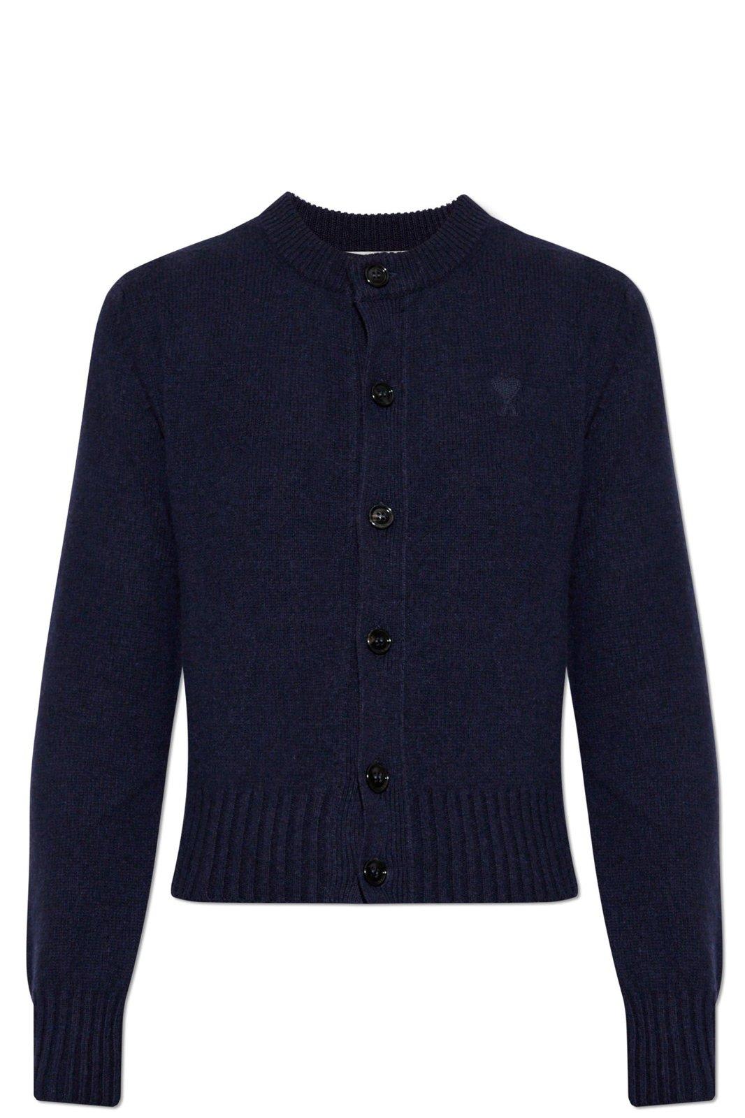 Shop Ami Alexandre Mattiussi Paris Ami De Coeur Logo Embroidered Knit Cardigan In Blue