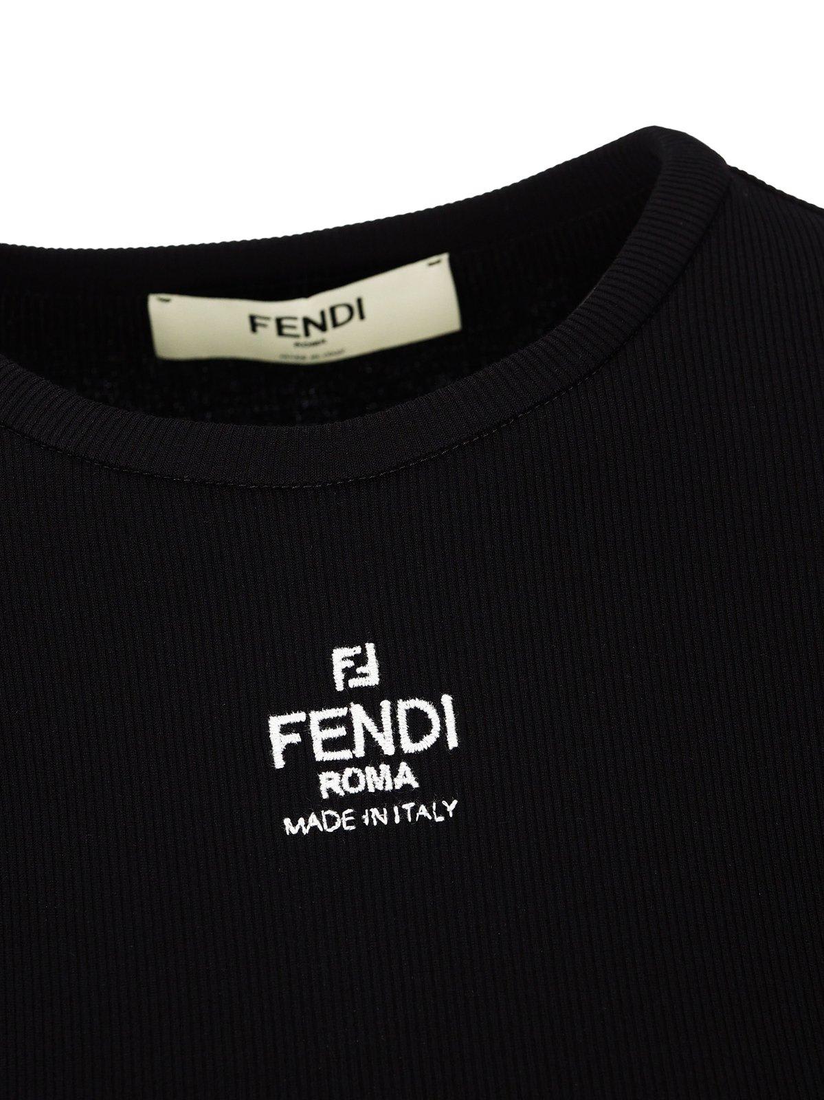 Shop Fendi Logo Embroidered Crewneck Cropped T-shirt In Black