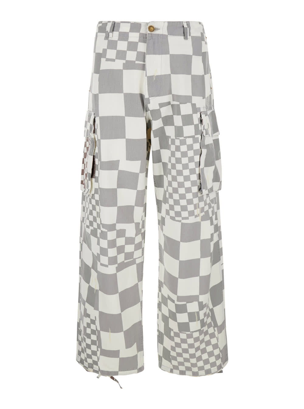 Shop Erl Grey Cargo Jeans With Asymmetric Check Motif In Cotton Denim Man In Grey/neutrals