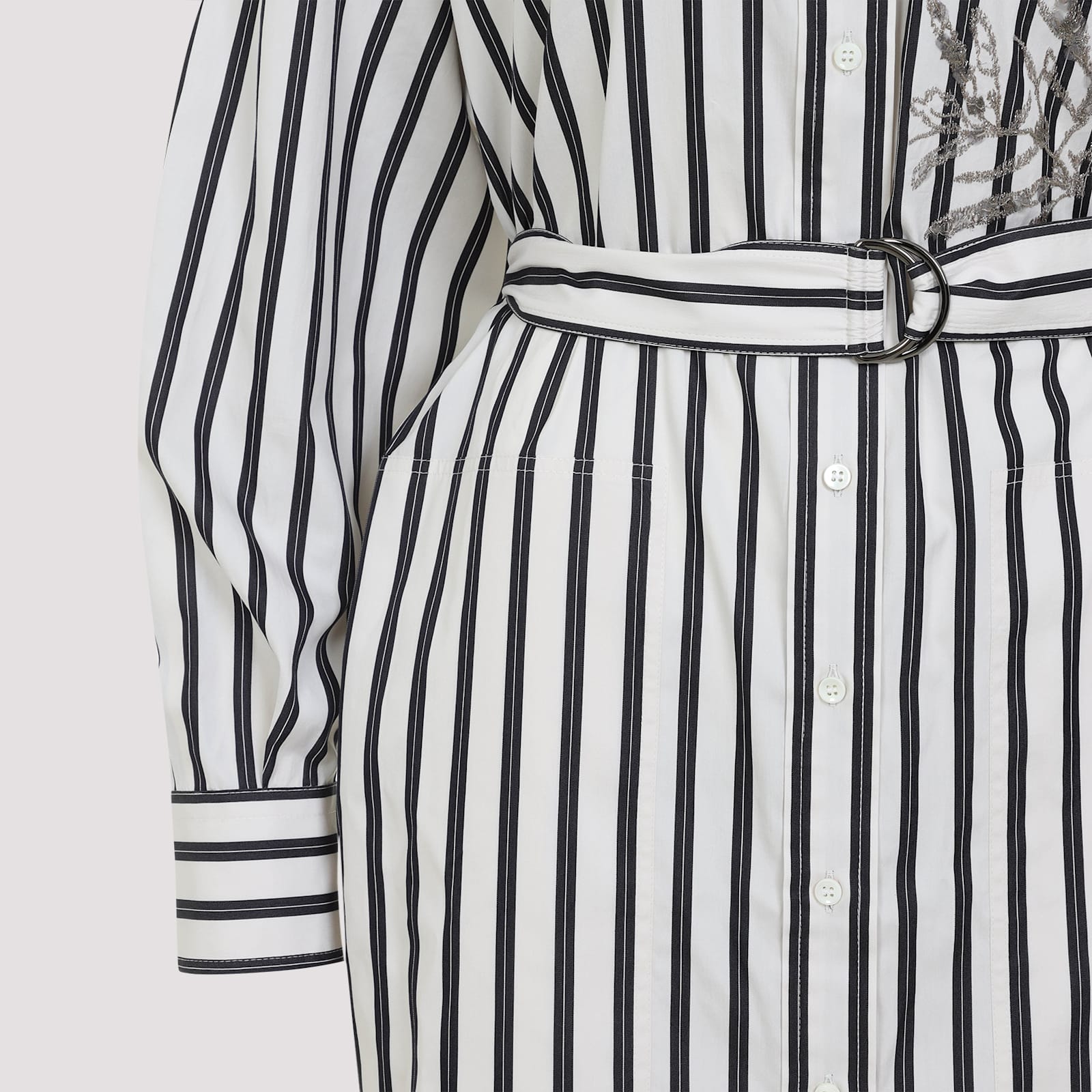 Brunello Cucinelli Striped Midi Shirt Dress With Floral Embroidery In White/black