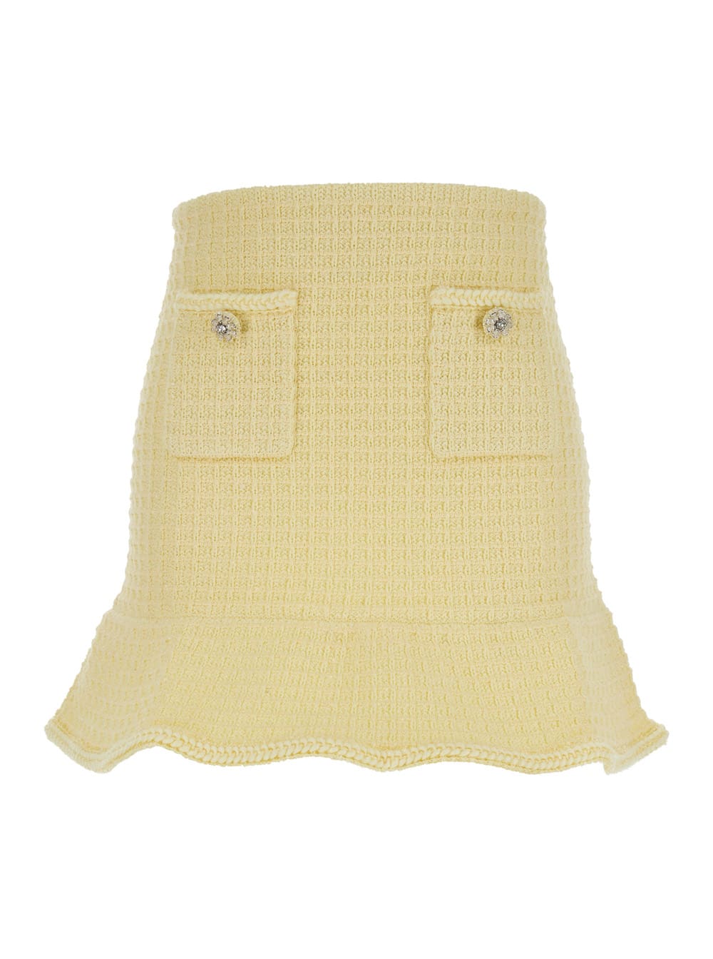 Mini Yellow Skirt With Flounce And Jewel Buttons In Tweed Woman