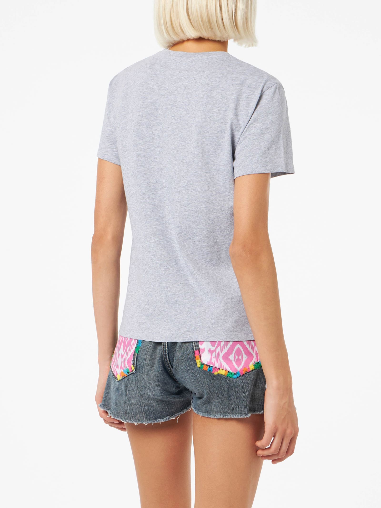 Mc2 Saint Barth Woman Cotton Jersey Crewneck T-shirt Emilie With La Vedo Grigia Embroidery In Melange Grey
