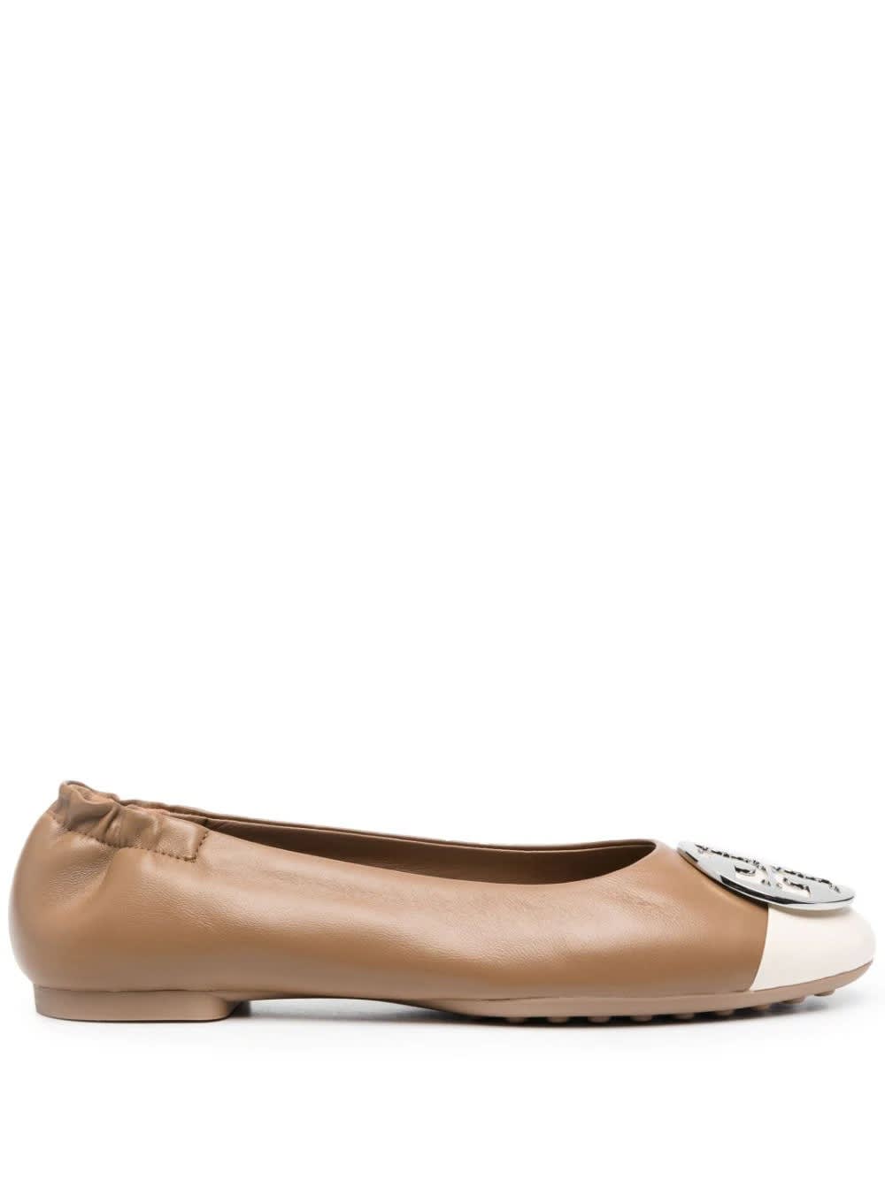 TORY BURCH LIGHT CREAM AND ALMOND FLOUR CLAIRE POINTED BALLERINA