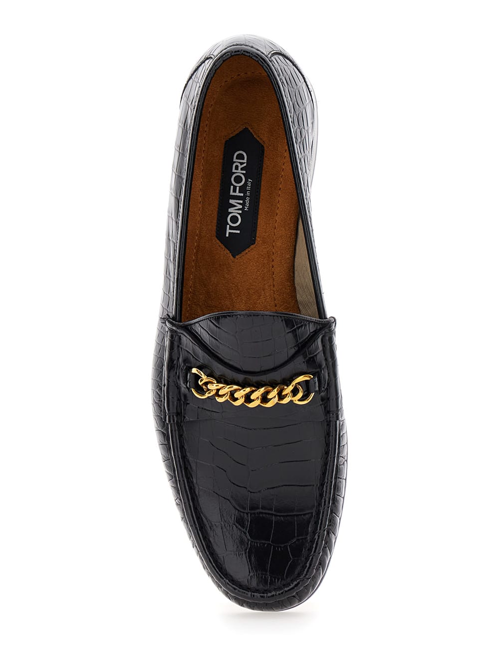 Shop Tom Ford Black Slip-on Loafers With Chain Detail In Croco Effect Leather Man