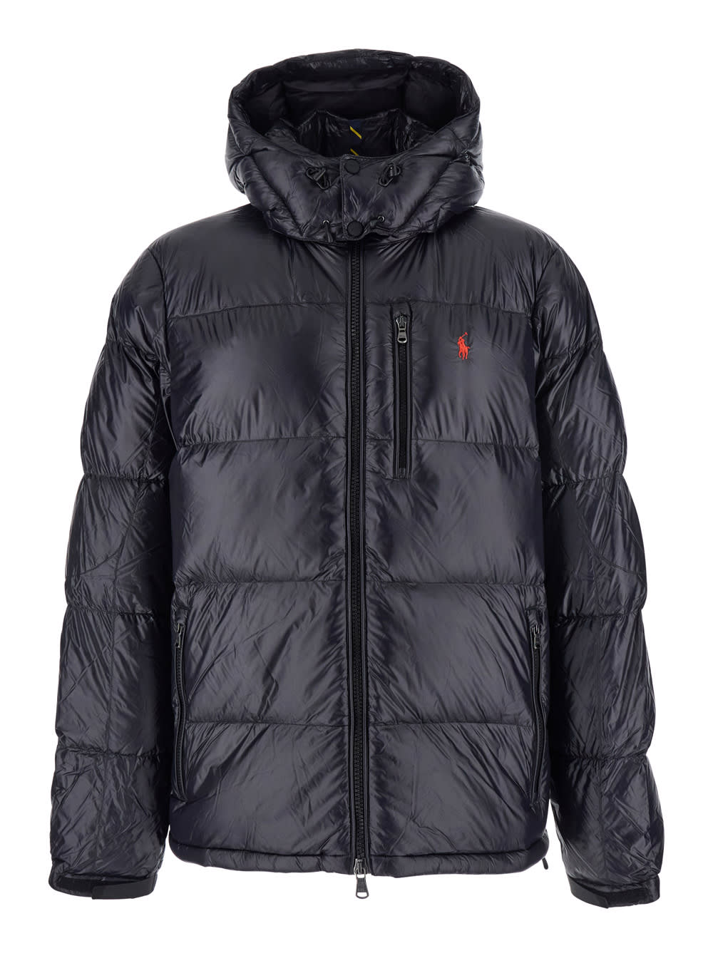 Polo Ralph Lauren Black Down Jacket With Patent Effect And Embroidered Pony Logo On Chest In Tech Fabric Man In Black