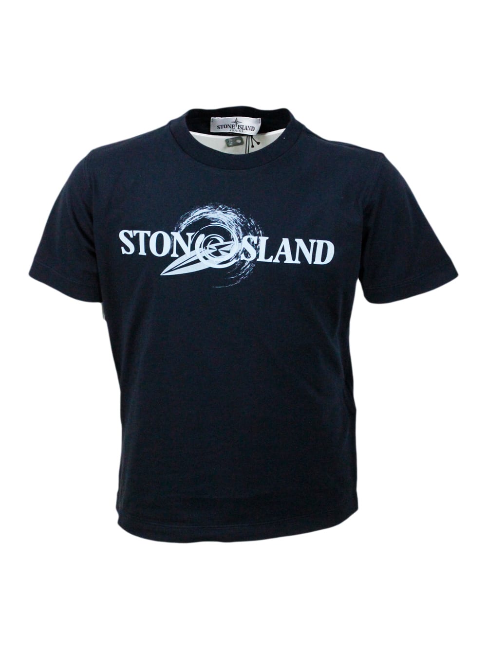 Shop Stone Island Crew-neck Short-sleeved Cotton T-shirt With Rubberized Logo On The Front In Blu