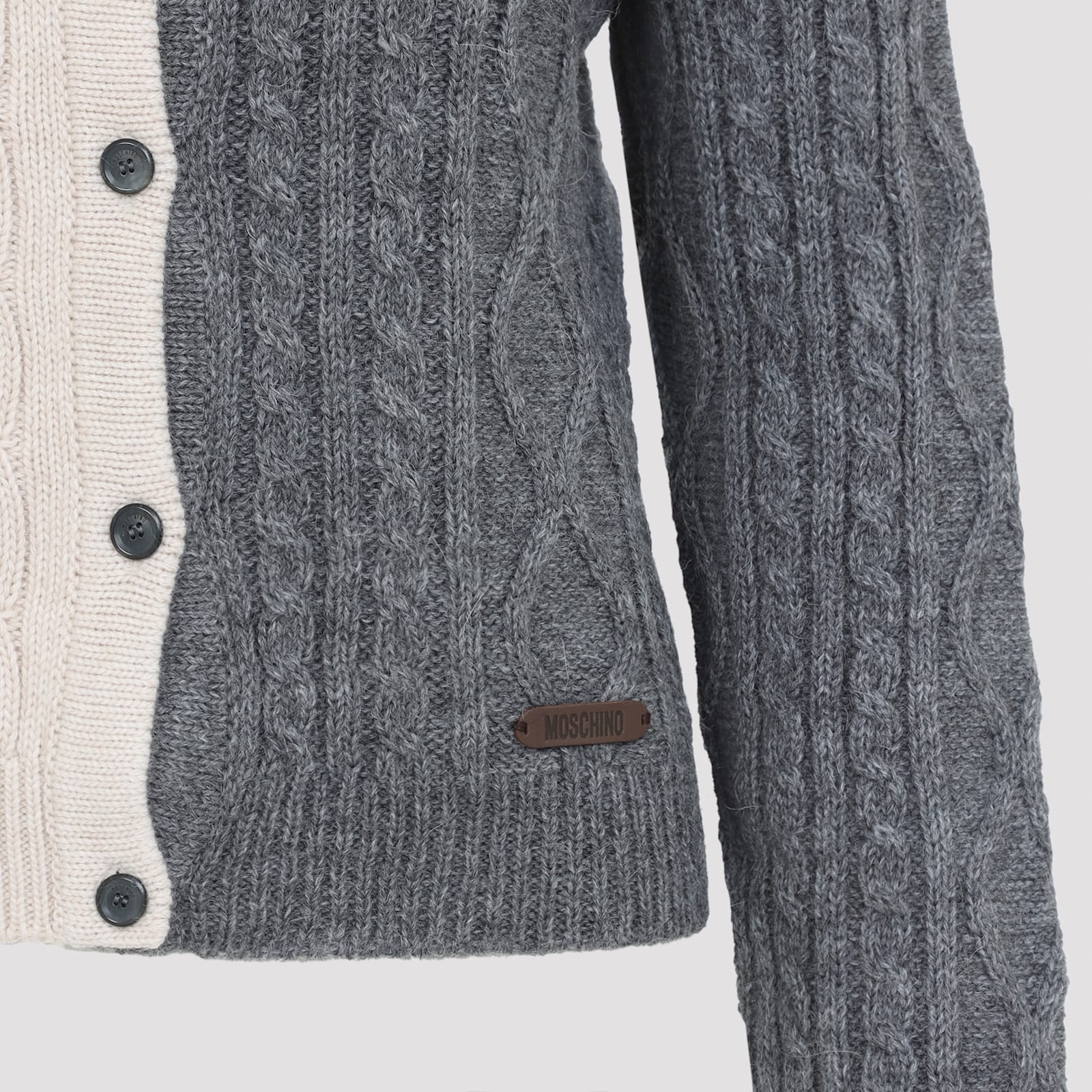 Moschino Bicolor Cable Knit Cardigan In Gray