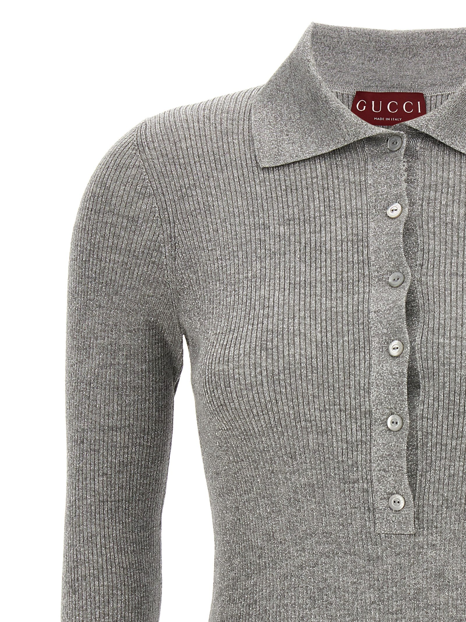 【関税込み】gucci WEB RIBBON POLO SHIRT Gucci Women Web Ribbon Lurex Polo Shirt In Silver | ModeSens