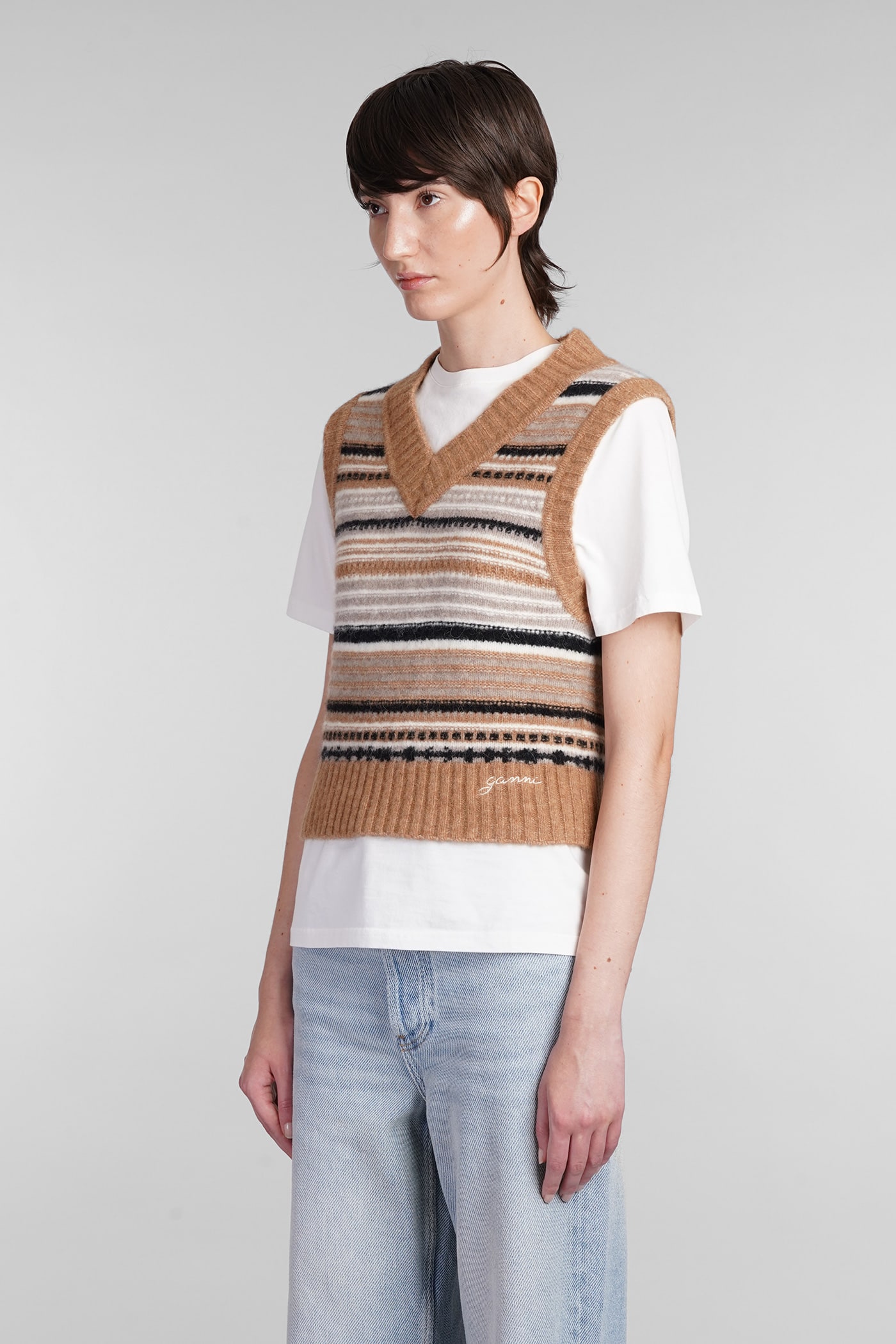 Shop Ganni Vest In Beige Wool