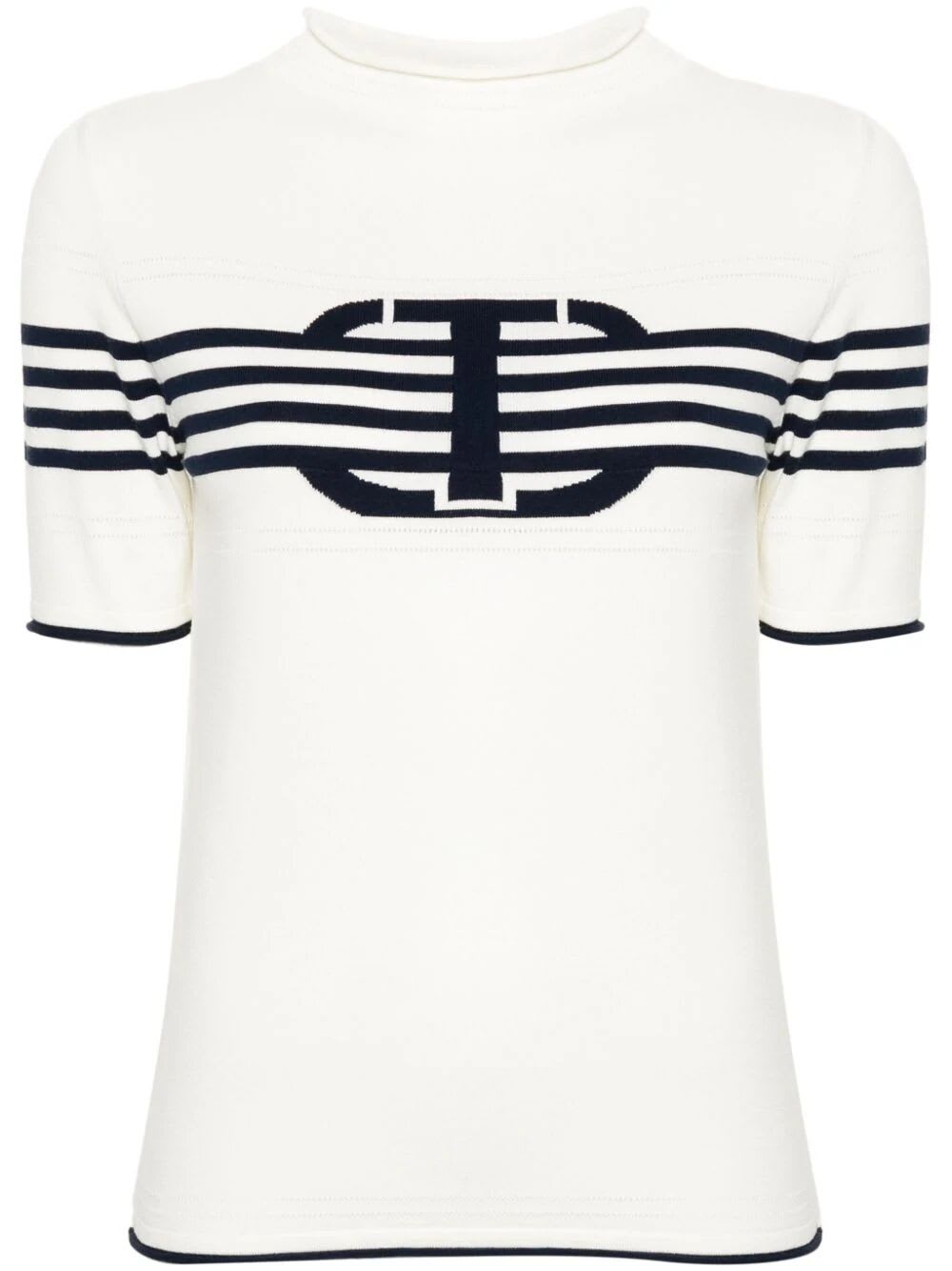 Shop Twinset Short Sleeves High Neck Striped Sweater With Logo In Bic Snow Mid Blue