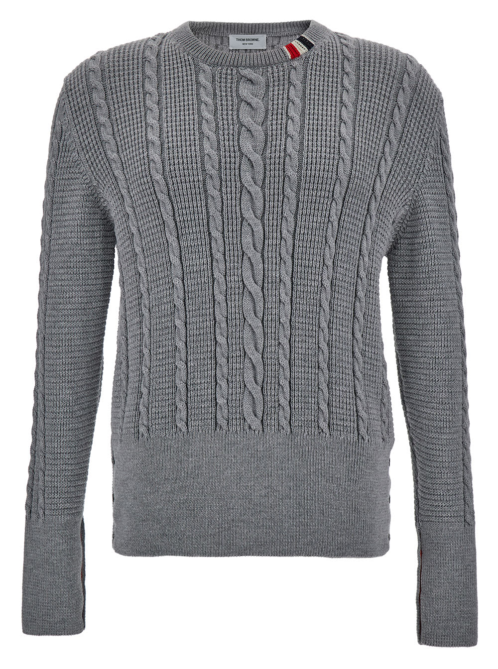 Shop Thom Browne Grey Crewneck Cable Knit Sweater With Rwb Stripe Detail In Wool Man