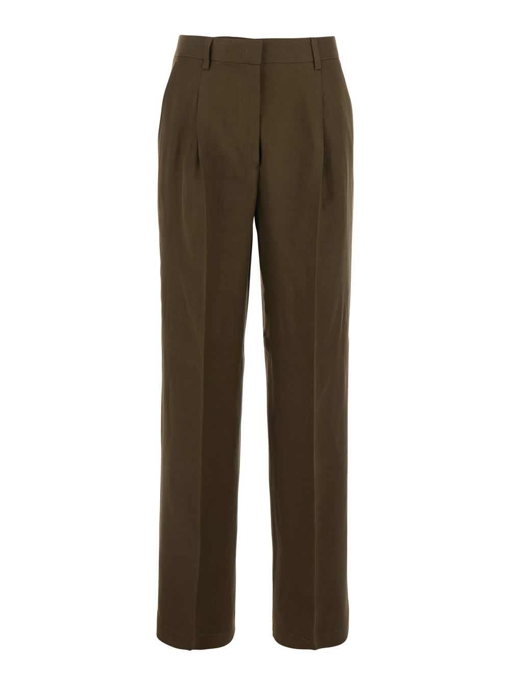 Pinko Green Pants With Belt Loops And Pleats In Viscose And Linen Blend Woman In Green