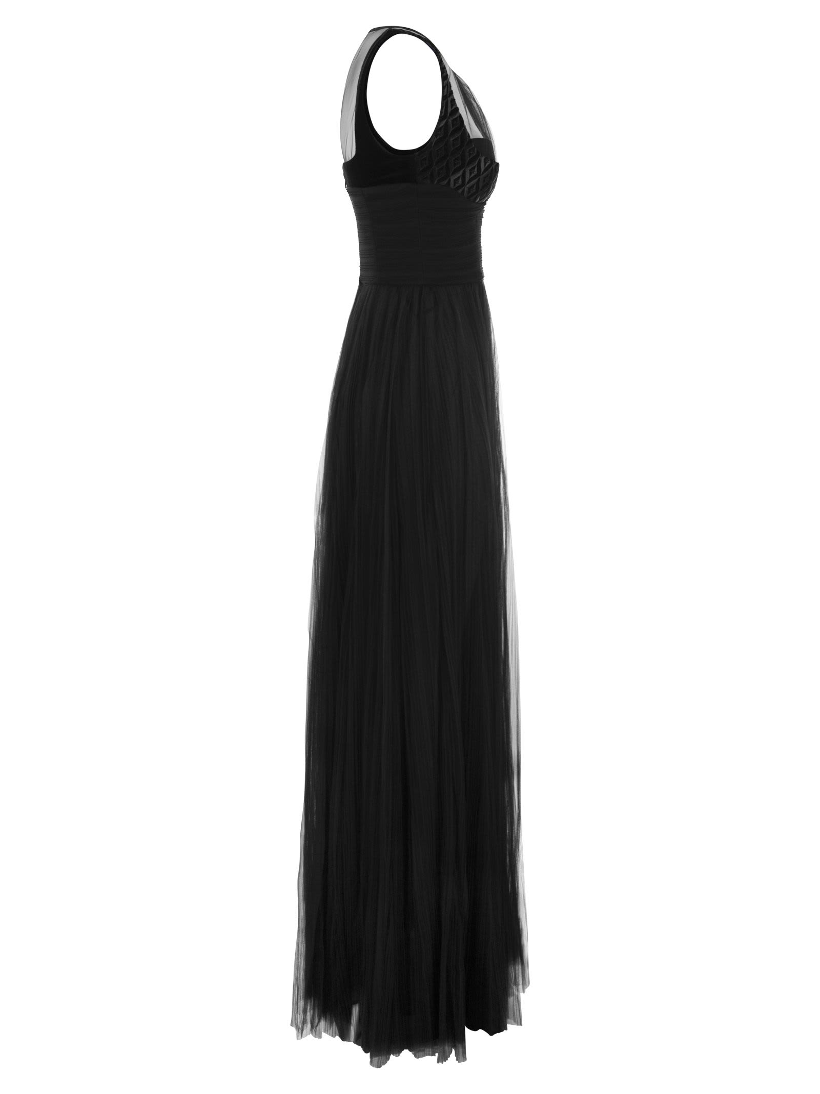 Shop Elisabetta Franchi Red Carpet Dress With Embroidered Velvet Bodice In Black