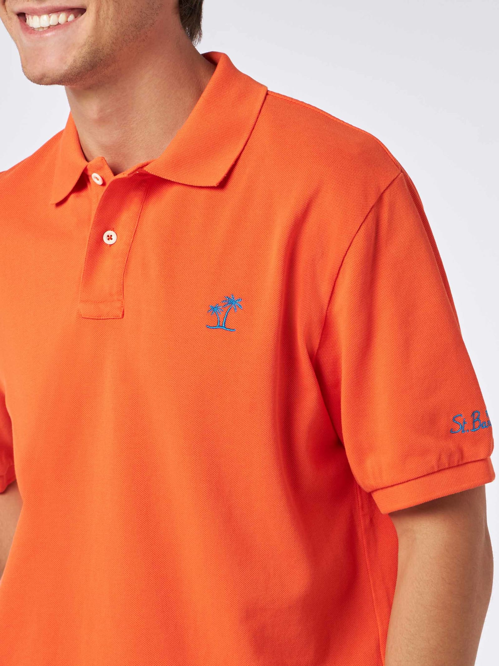 Mc2 Saint Barth Man Orange Piquet Polo With St. Barth Logo And Vintage Effect In Orange