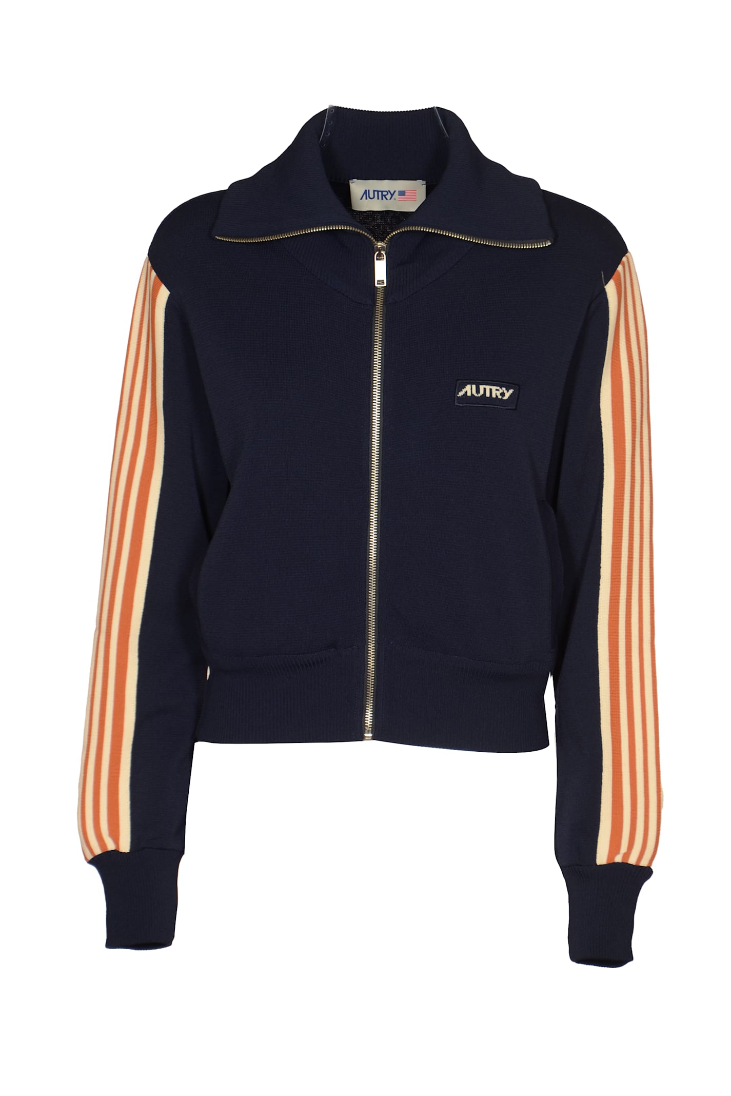 Shop Autry Stripe Sleeve Logo Detail Jacket In Knit Blue