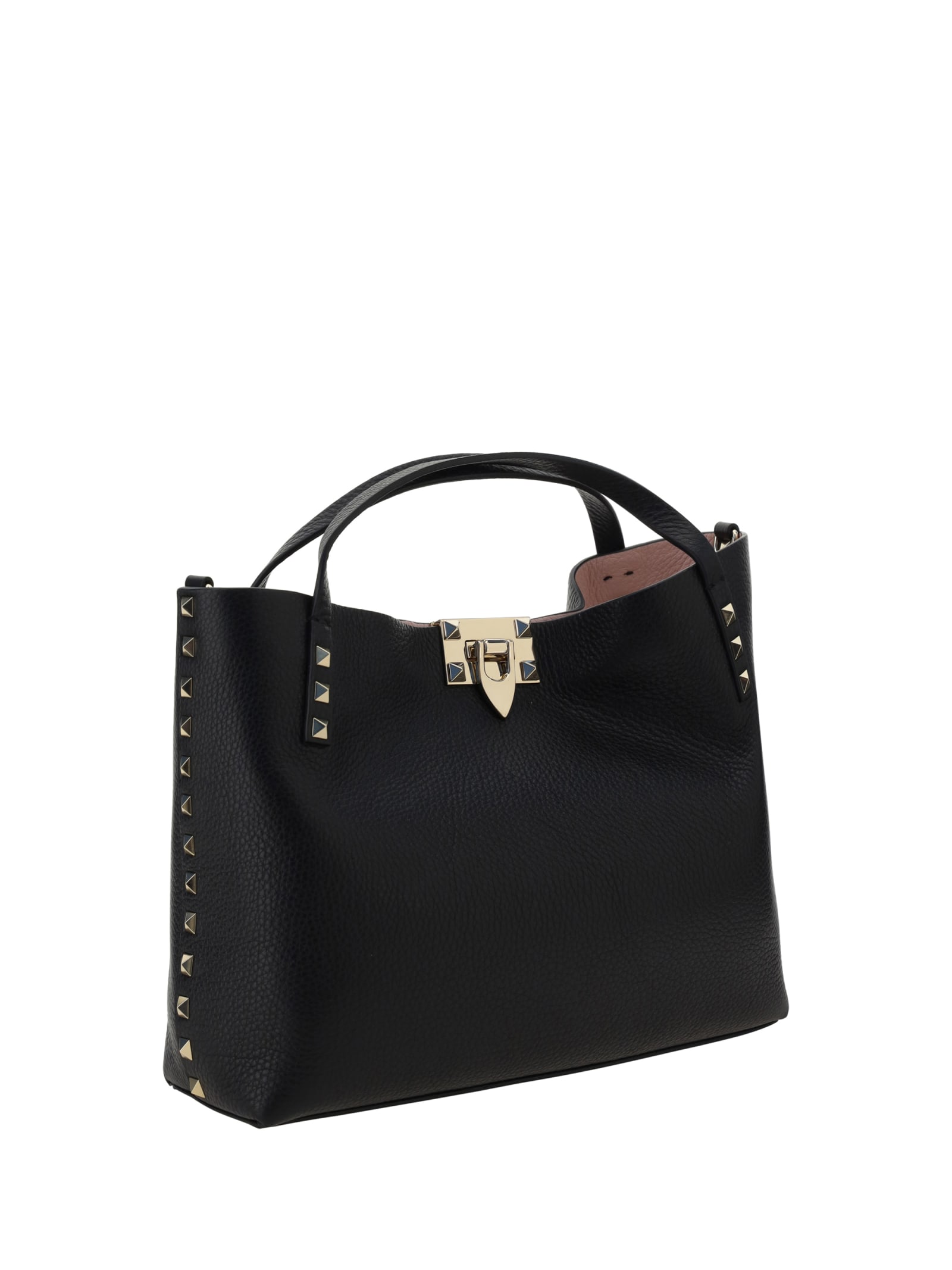 Shop Valentino Rockstud Handbag In Nero/rose Quartz