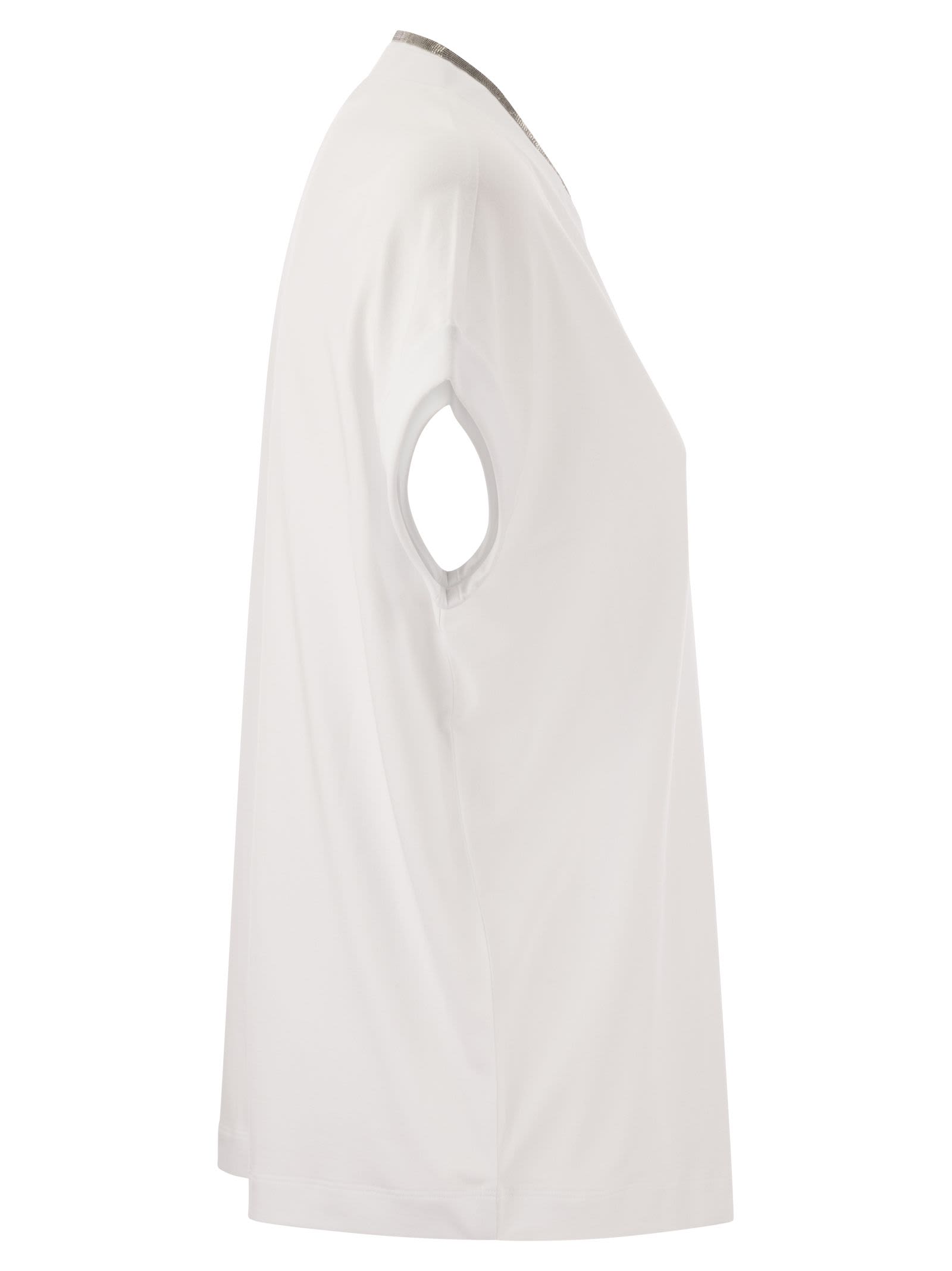 Shop Brunello Cucinelli Stretch Cotton Jersey T-shirt With Precious Neckline In White