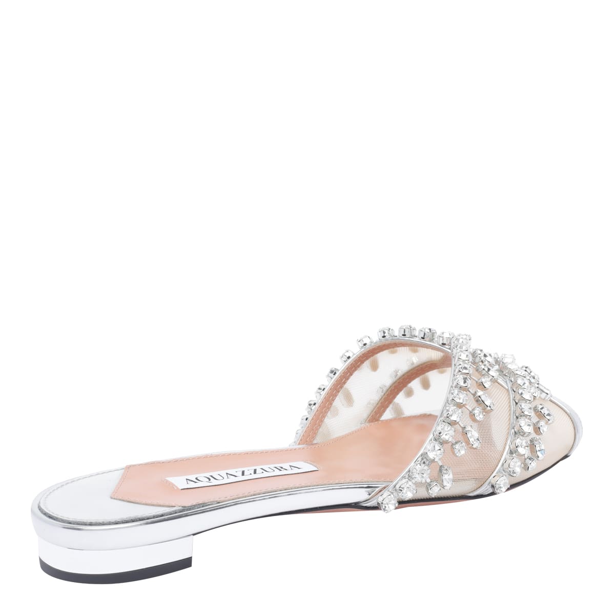 Aquazzura Temptation Crystal-embellished Mesh-trimmed Metallic Leather Slides