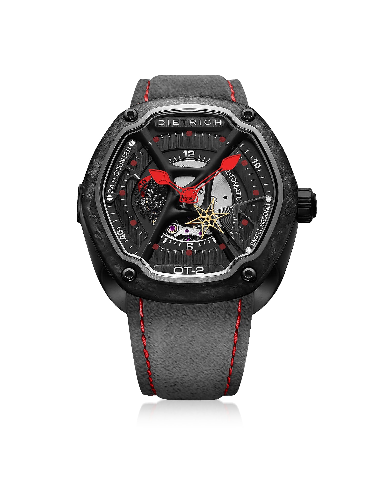 DIETRICH OT-2 316L STEEL AND FORGED CARBON MENS WATCH W/RED LUMINOVA AND GRAY SUEDE STRAP,11297991