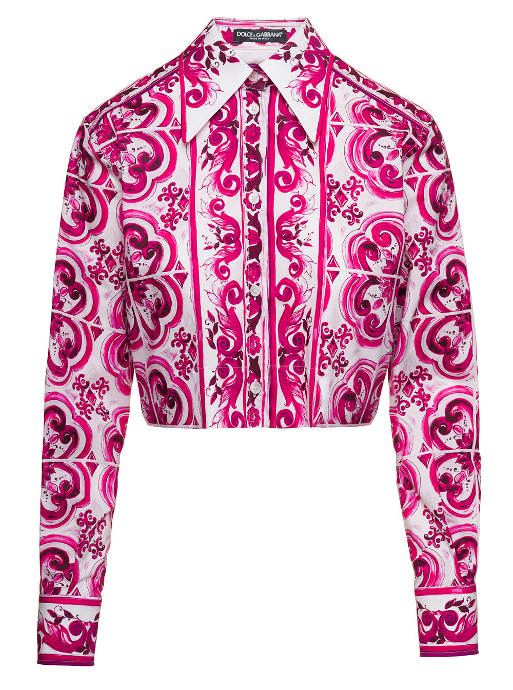 DOLCE & GABBANA FUCHSIA AND WHITE CROPPED SHIRT WITH POINTED COLLAR AND MAJOLICA PRINT IN COTTON WOMAN