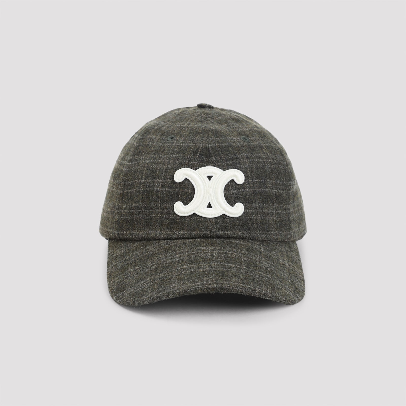 Celine Triomphe Baseball Cap In Checked Wool Felt In Green