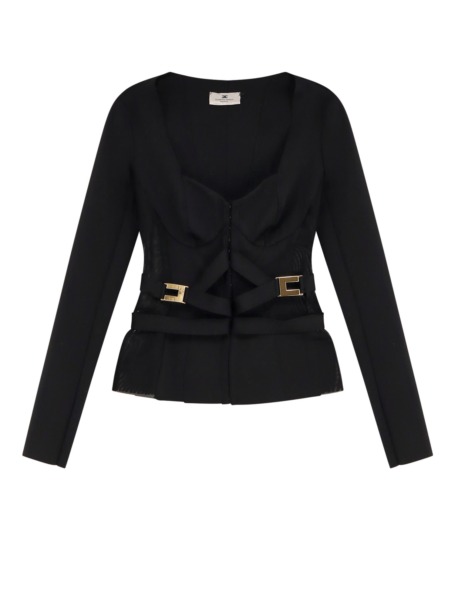 Elisabetta Franchi Cross-front Paneled Jacket With Sweetheart Neckline And Buckle Detailing In Black