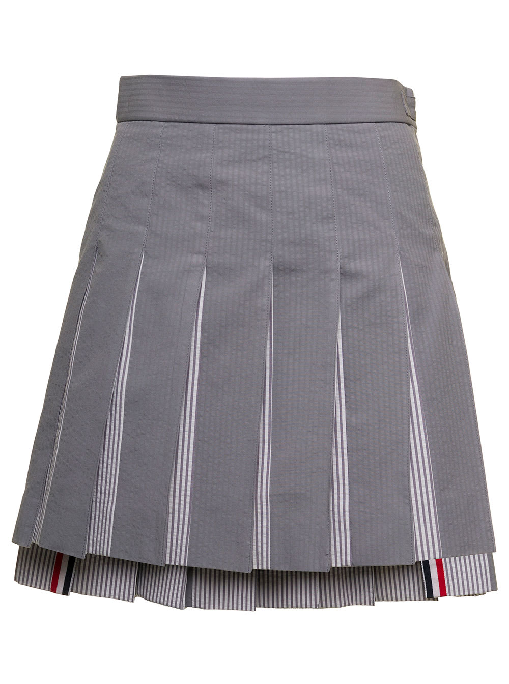Thom Browne Womans Grey Pleated Seersucker Skirt