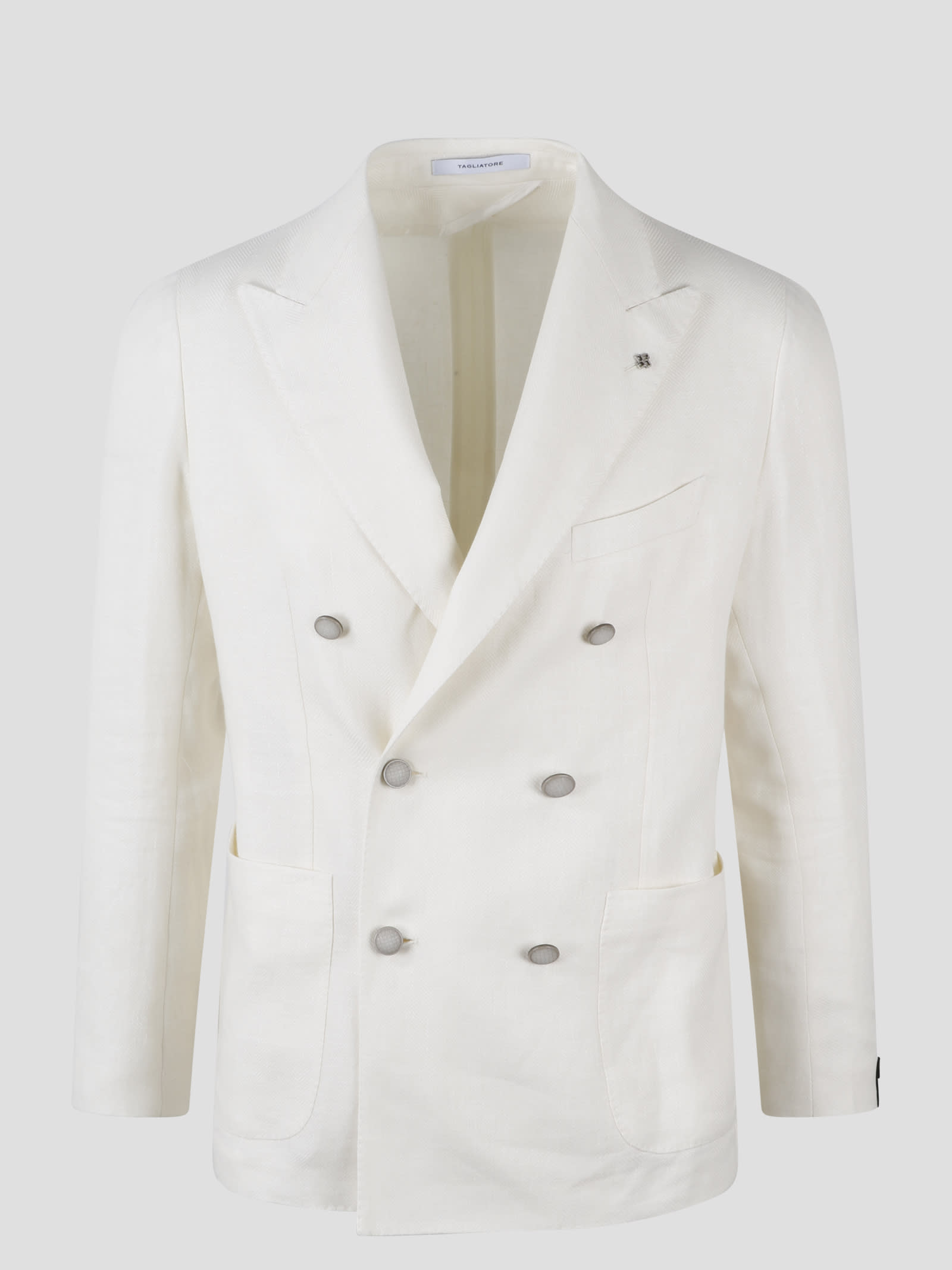 TAGLIATORE LINEN AND WOOL HERRINGBONE DOUBLE-BREASTED BLAZER