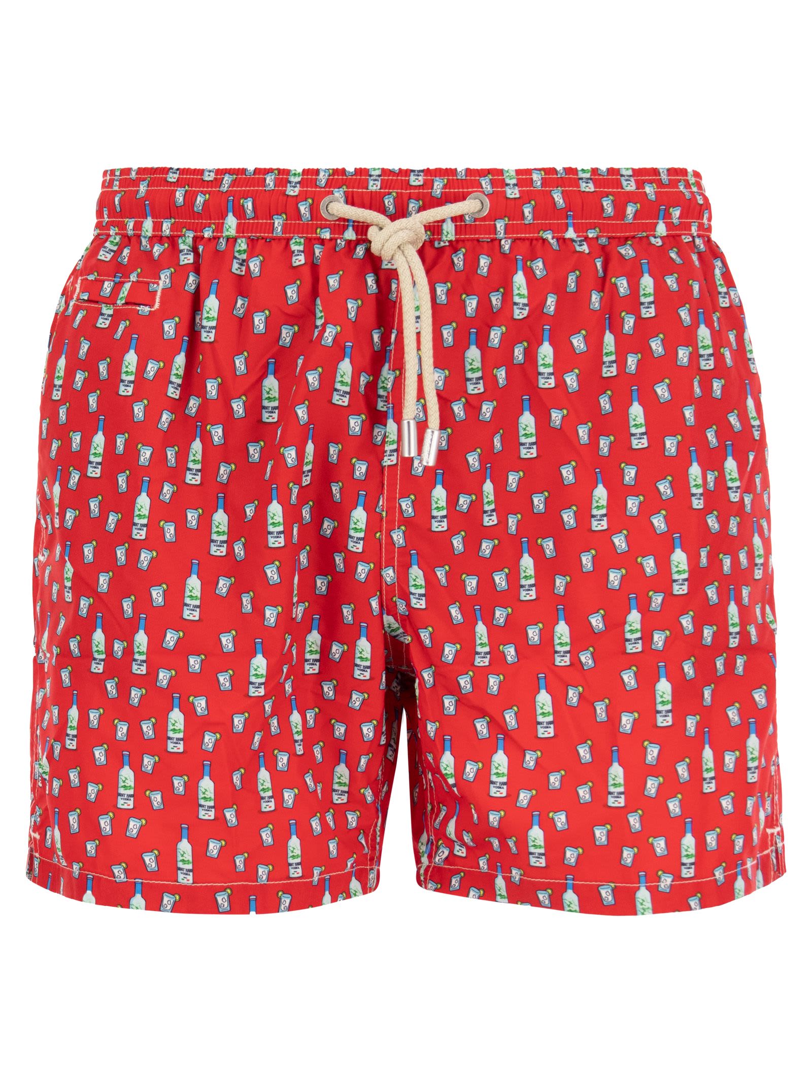 Mc2 Saint Barth Man Light Fabric Swim Shorts With Tequila Print In Red