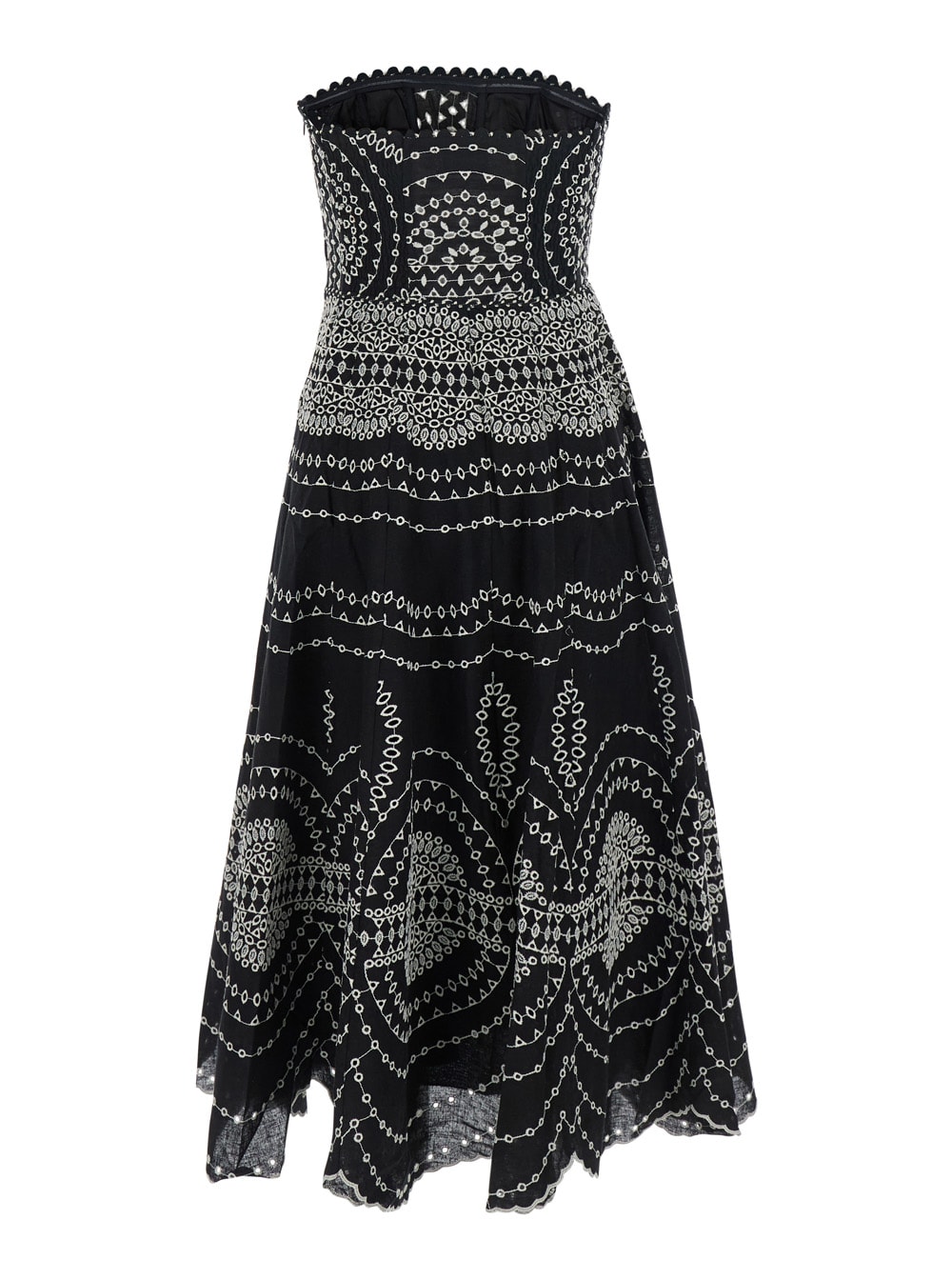 Charo Ruiz Iris Black Long Dress With All-over Embroideries And Ruffled Skirt In Cotton And Linen Blend Woman