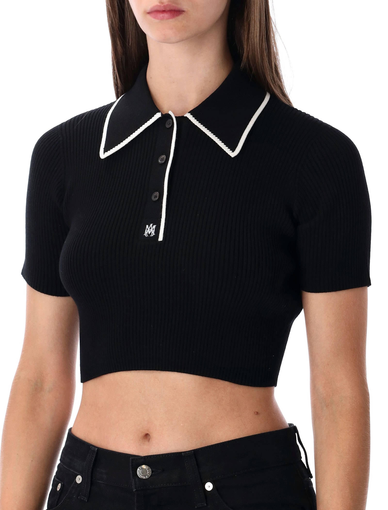 Amiri Cropped Polo Knit Top With Ribbed Texture In Black